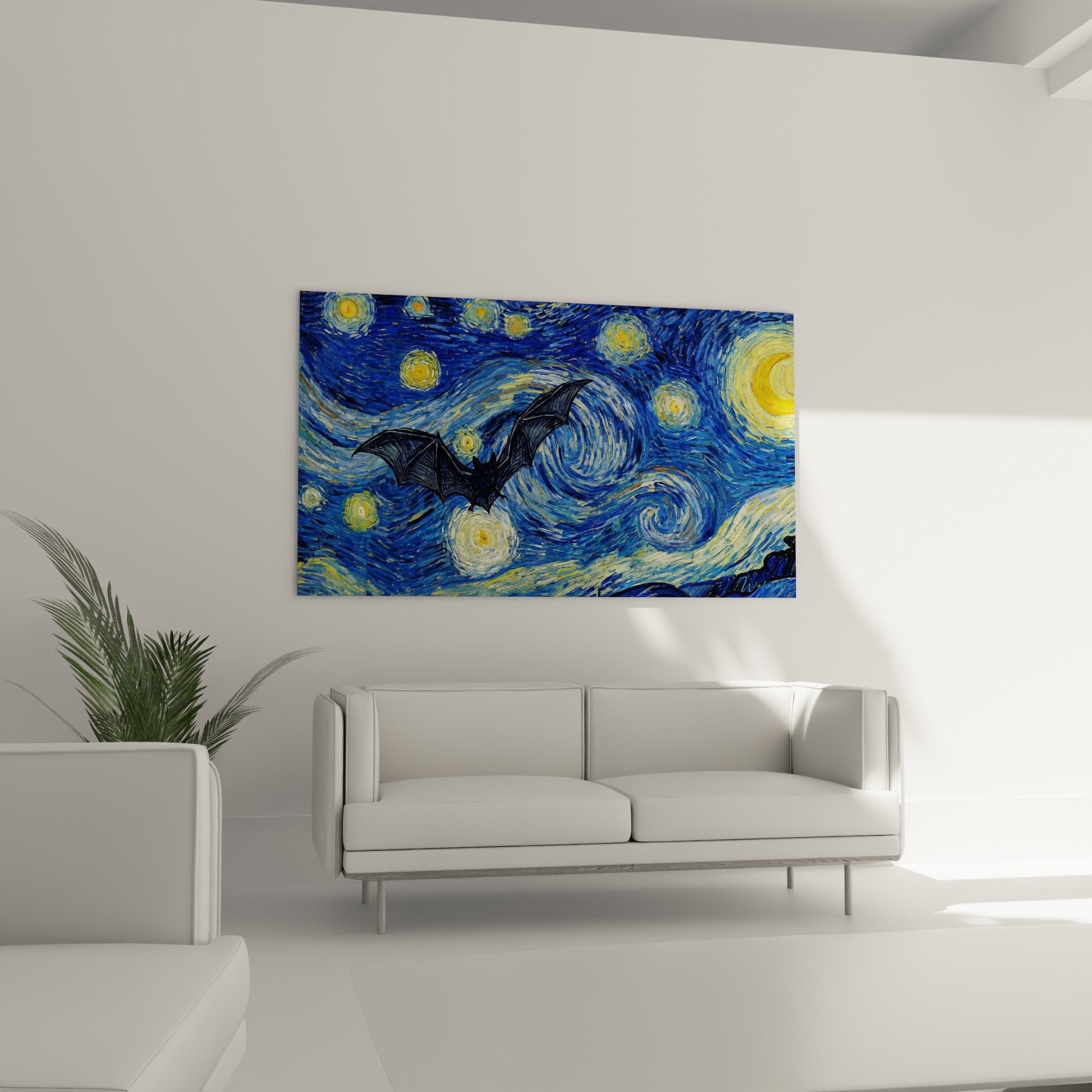 Détail rapproché tableau chauve-souris spirales bleues étoiles dorées technique picturale tourbillonnante