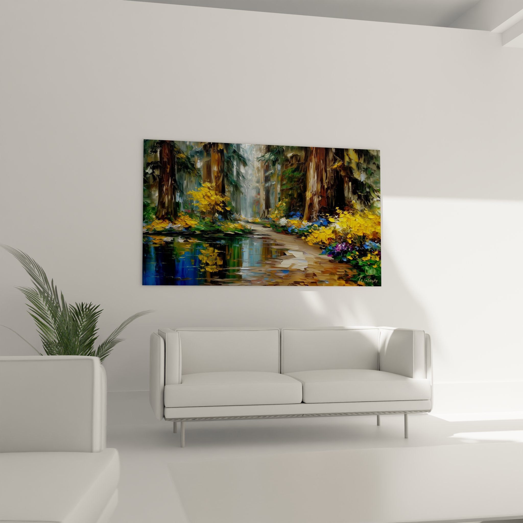 Détail gros plan tableau forestier montrant technique empâtement et couleurs automnales éclatantes