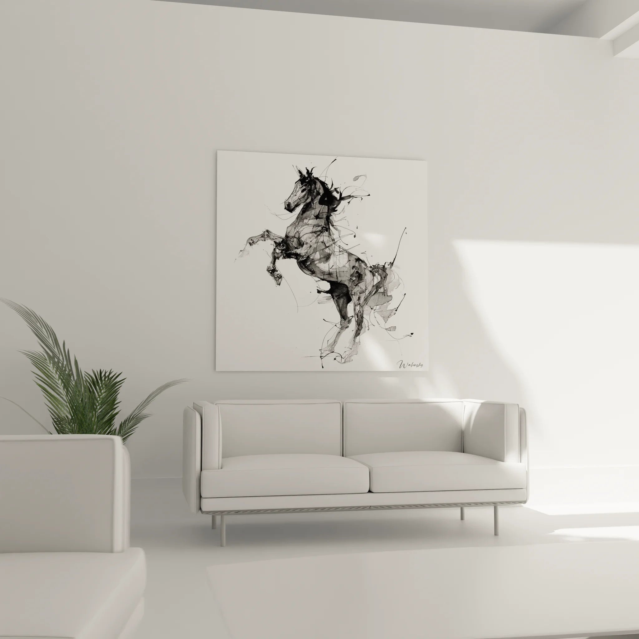 Détail tableau cheval cabré, technique encre et aquarelle noir et blanc, art équestre