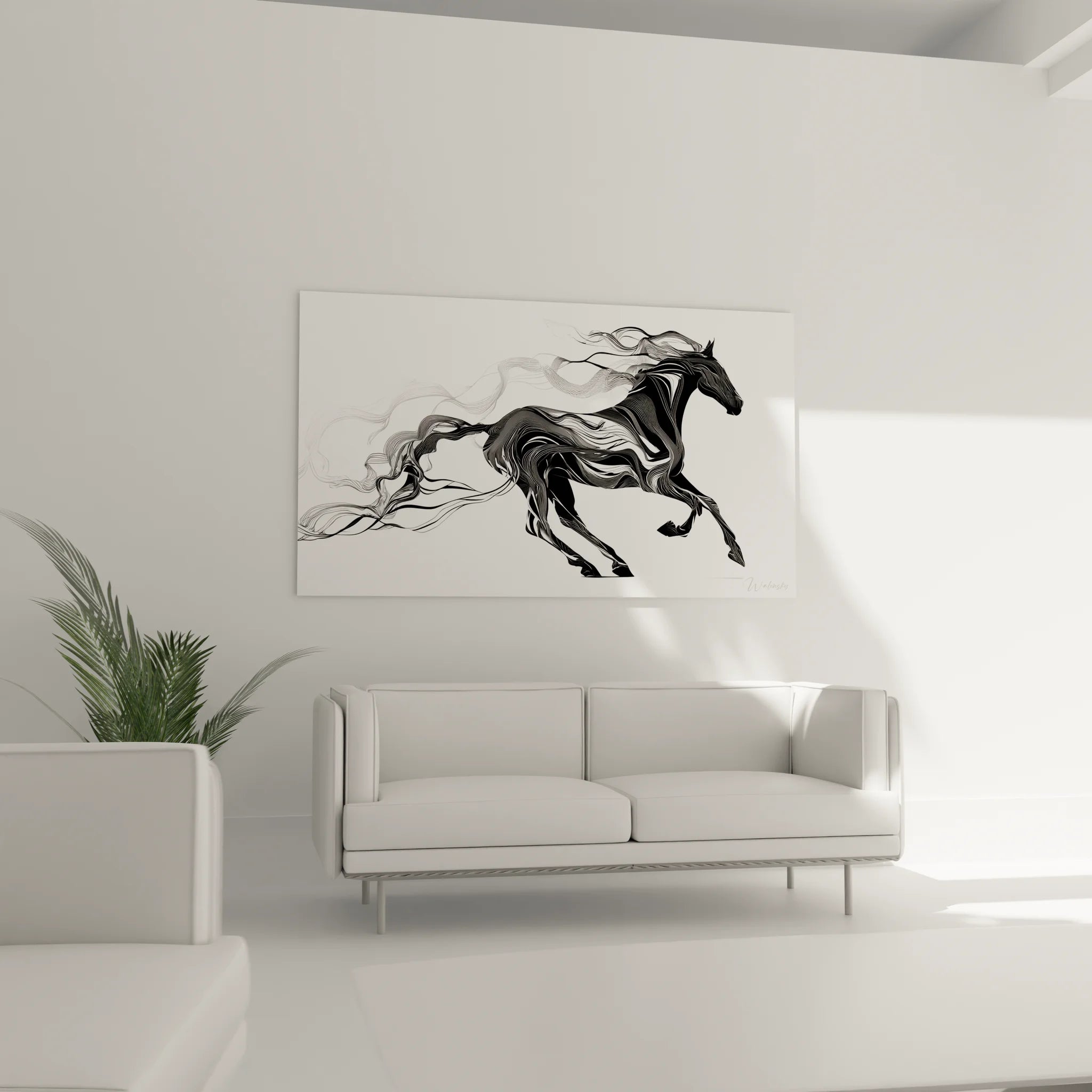 Détail tableau cheval stylisé noir et blanc, technique linéaire et courbes dynamiques