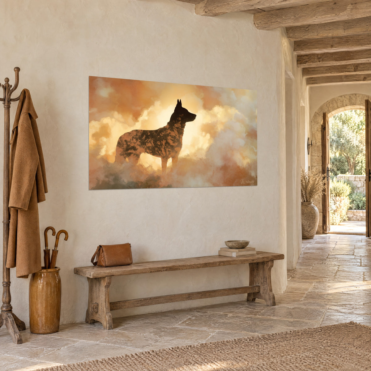 Wall art brindle guardian dog silhouetted against a golden and orange sky, stone wall, wooden bench, in the entrance of a country house