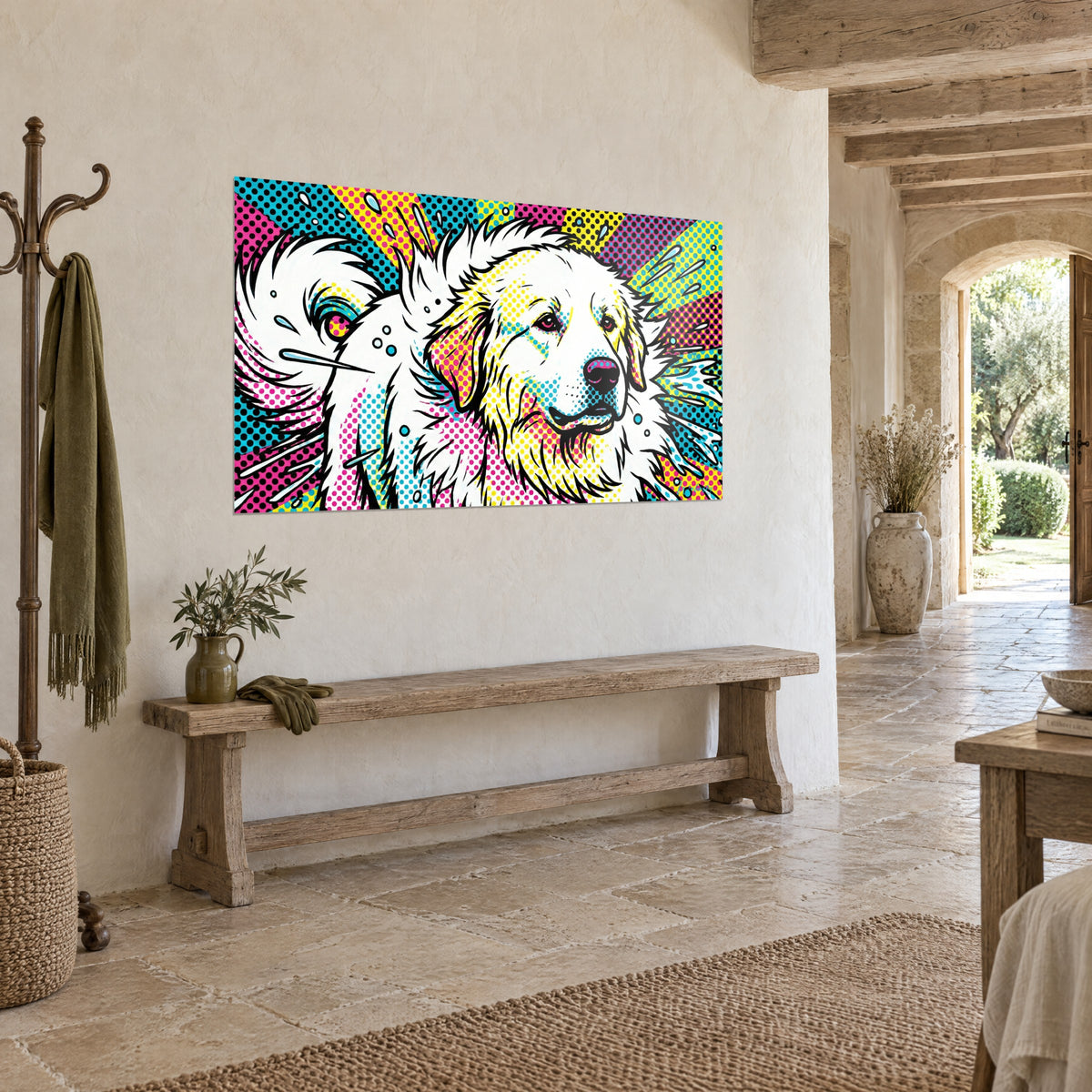 Gemälde Pyrenäenberg im Pop-Art-Stil, schwarze Schnauze und magentafarbene Punkte, cyanfarbene Spritzer, ockerfarbene Steinwand