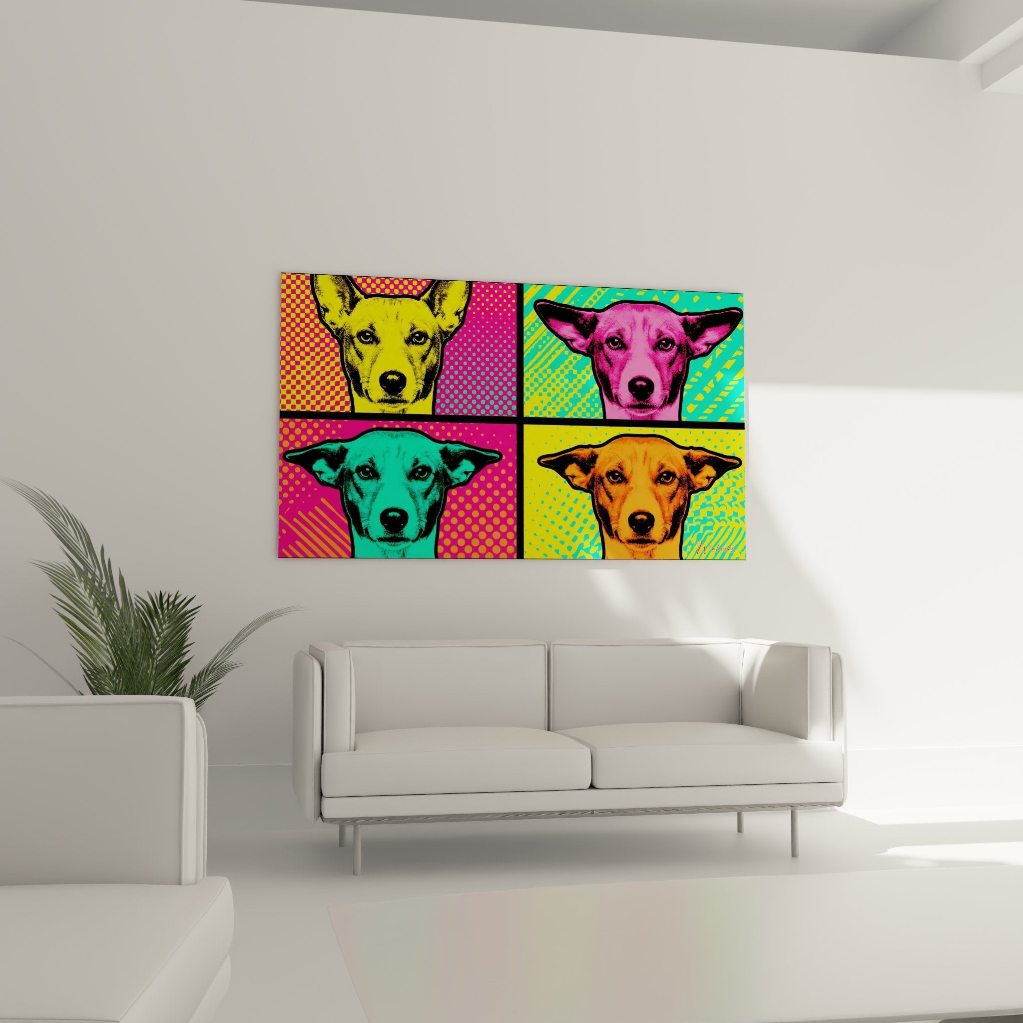 Nahaufnahme Gemälde Hunde in lebendigen Farben mit geometrischen Hintergründen