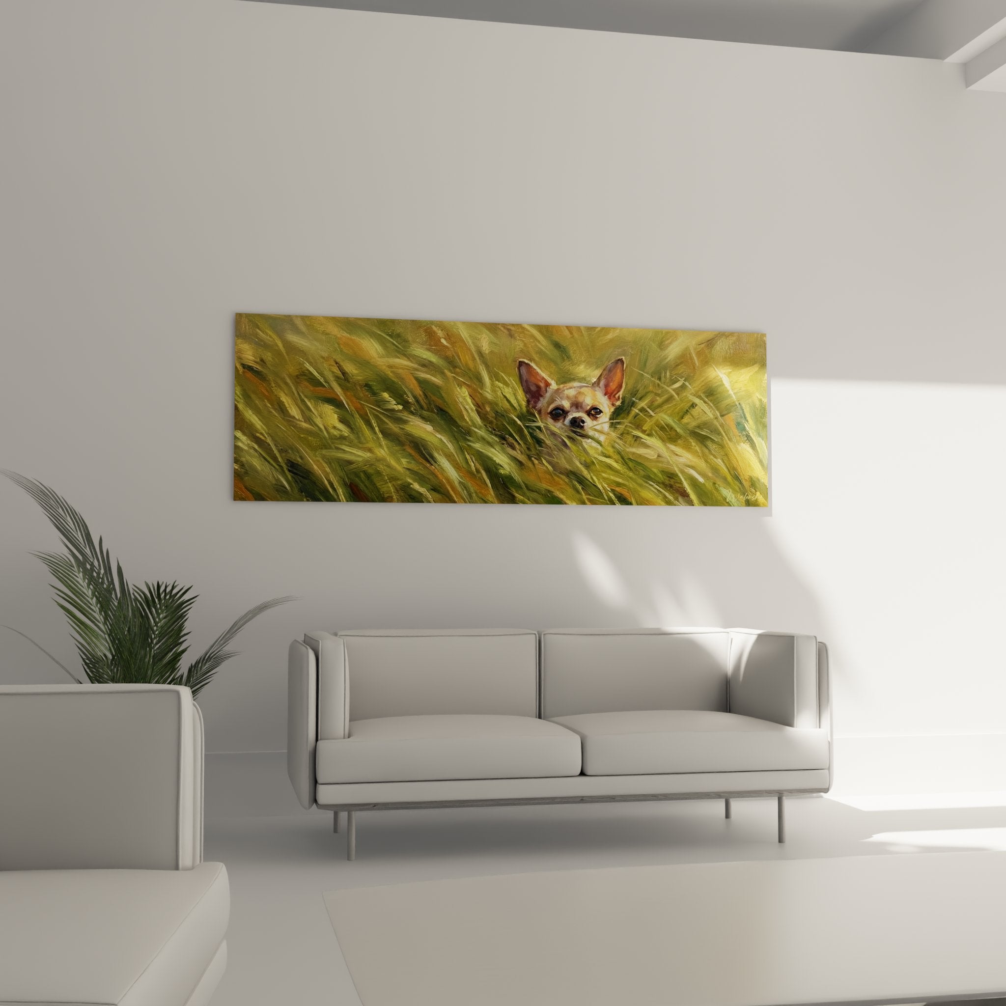 detail tableau chihuahua yeux expressifs herbes dorees peinture animaliere