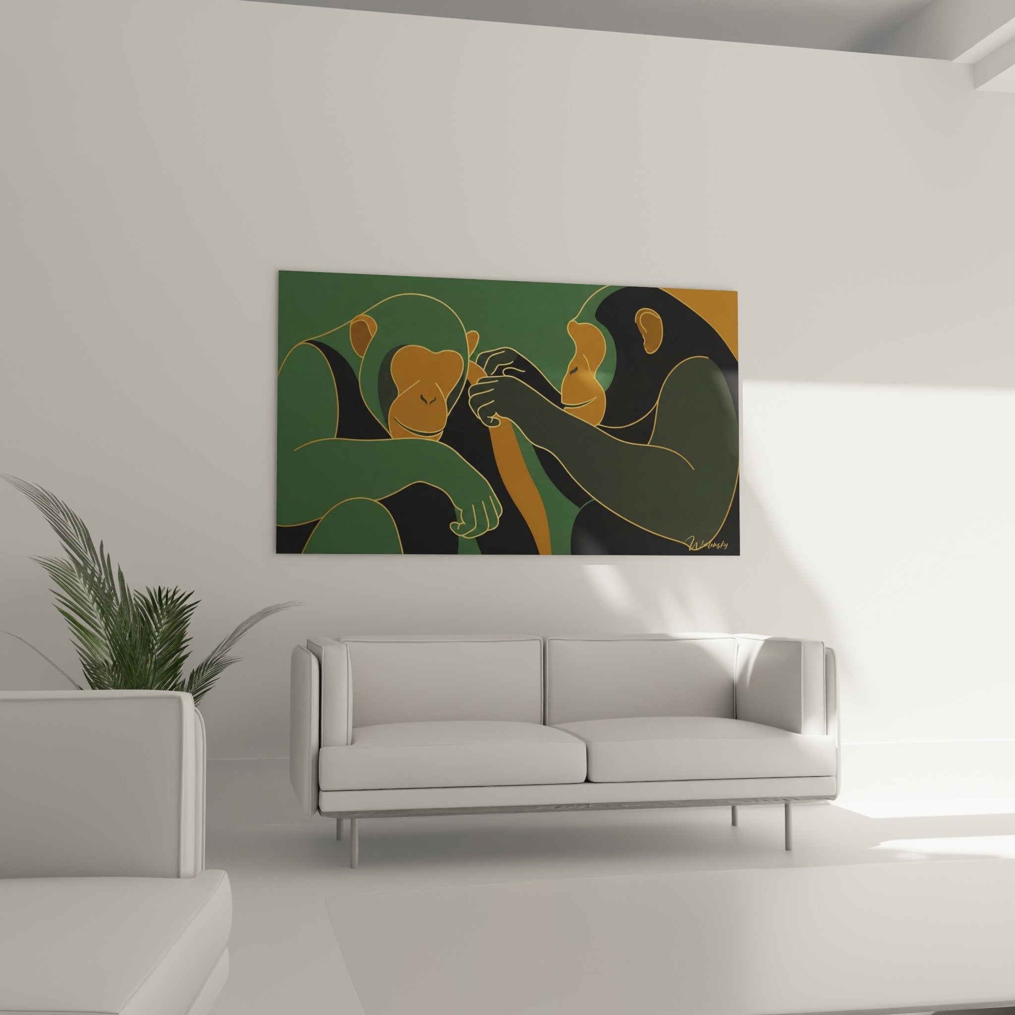 Détail tableau chimpanzés contours dorés nuances vertes style graphique épuré