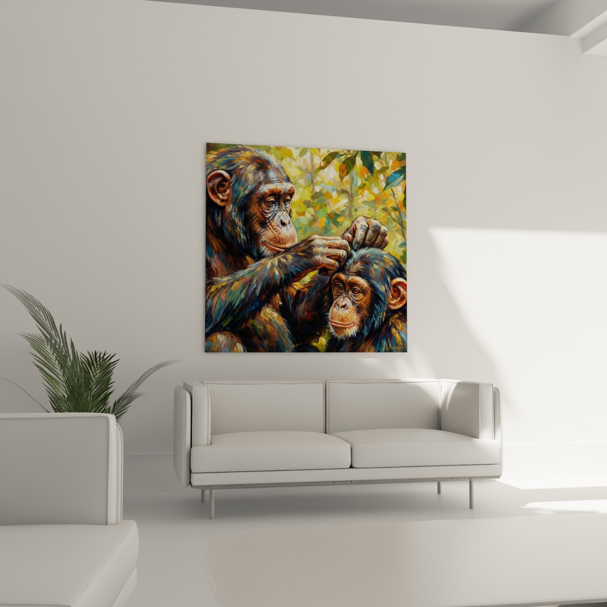 Detail tableau chimpanzes pelage bleu dore peinture expressionniste textures