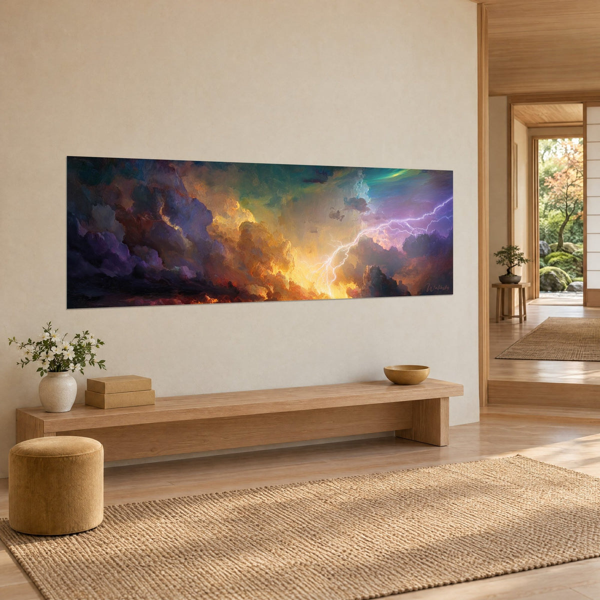 Tableau foudre éclatante dans des cumulus pourpres et ocre, bandeau horizontal sur un mur crème, banc en bois clair