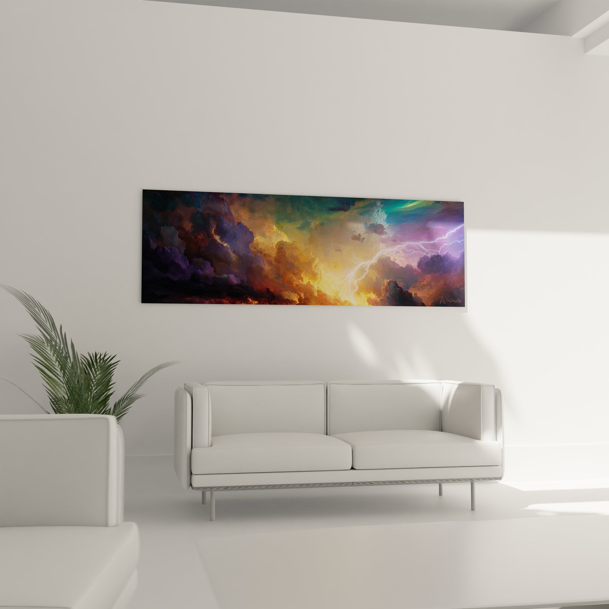 Détail tableau ciel tempêtueux, gros plan sur éclairs roses violets et formations nuageuses dorées