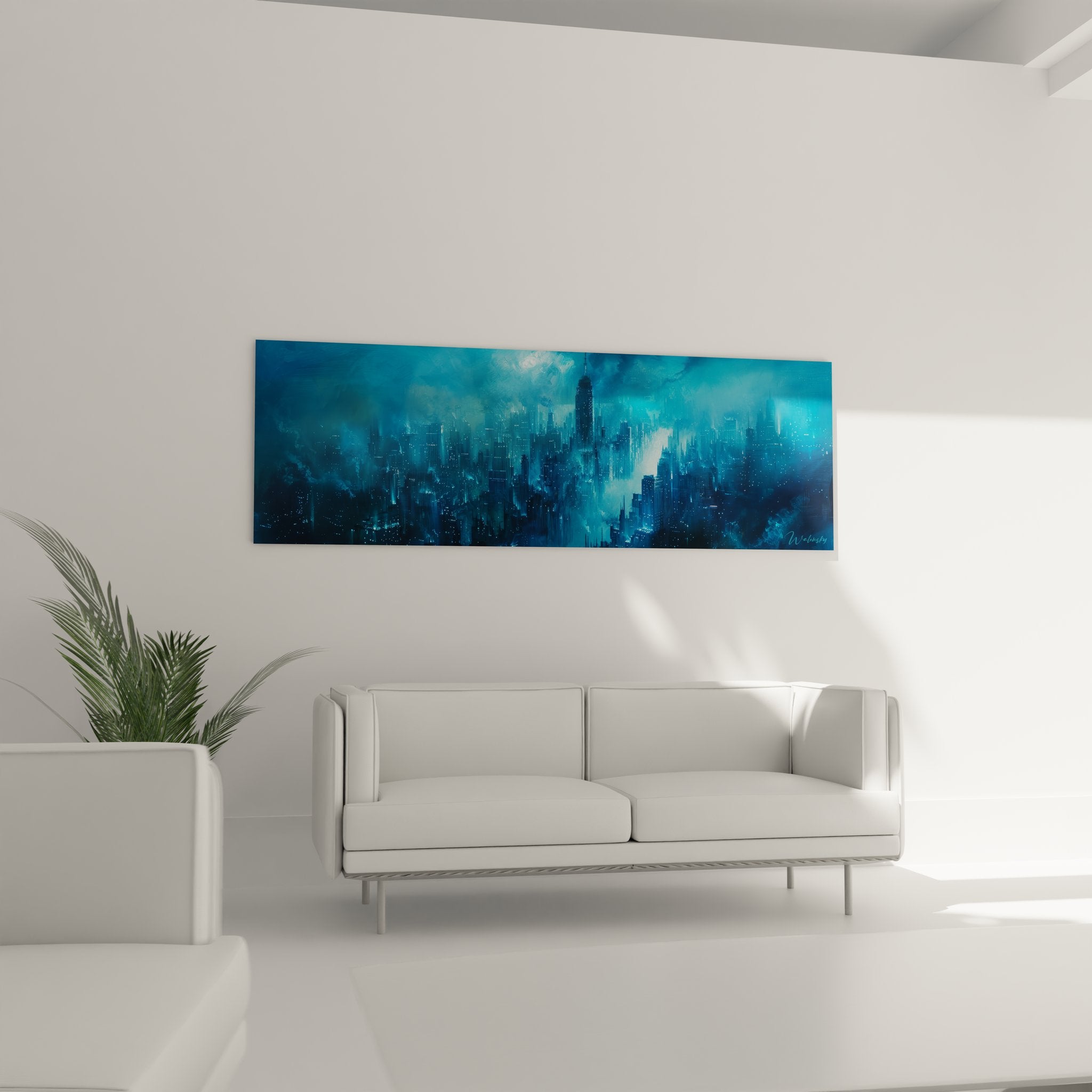 Détail tableau cityscape futuriste peinture bleue architecture moderne gratte-ciels