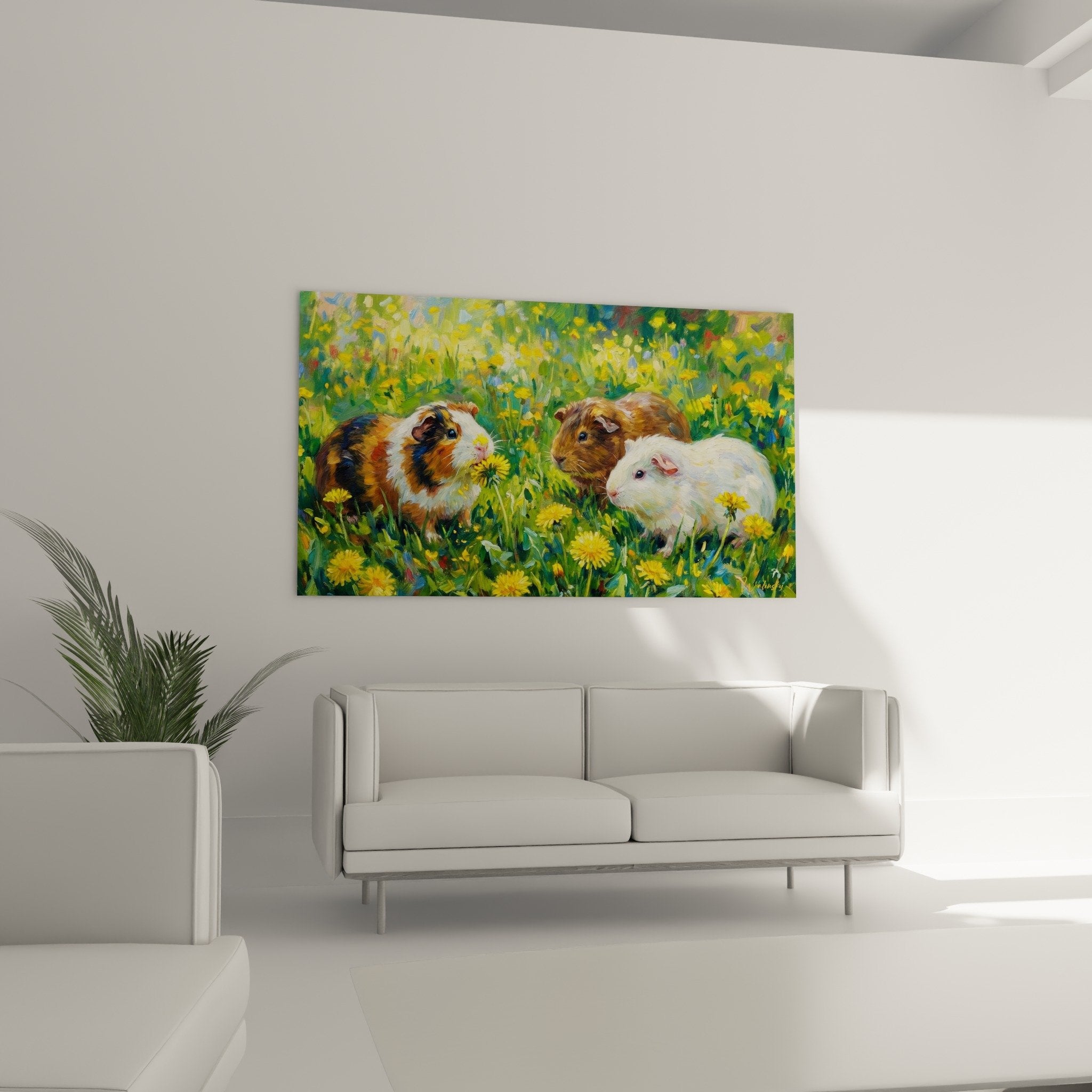 Nahaufnahme Meerschweinchen-Gemälde Löwenzahn impressionistische Maldetails Textur lebendige Farben