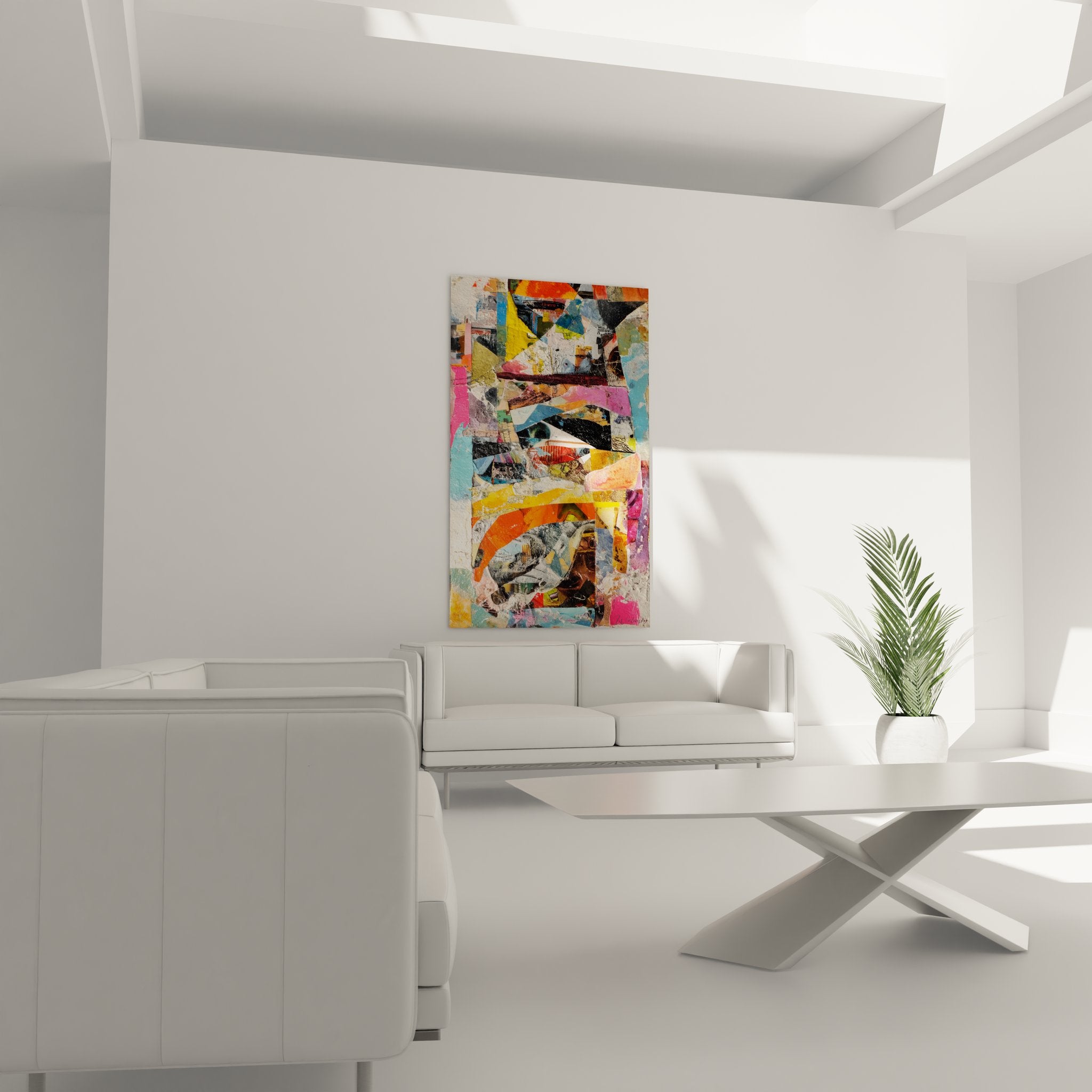 Détail gros plan du tableau collage montrant textures et superpositions géométriques colorées abstraites