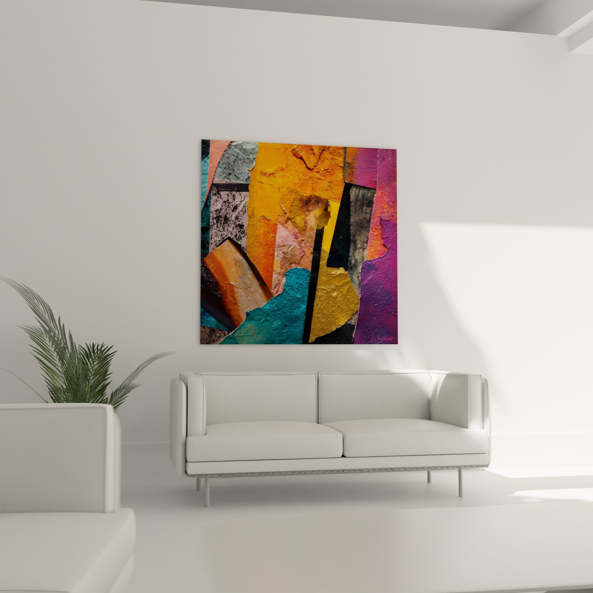 Détail gros plan tableau collage textures fragments colorés relief matériaux superposés art moderne