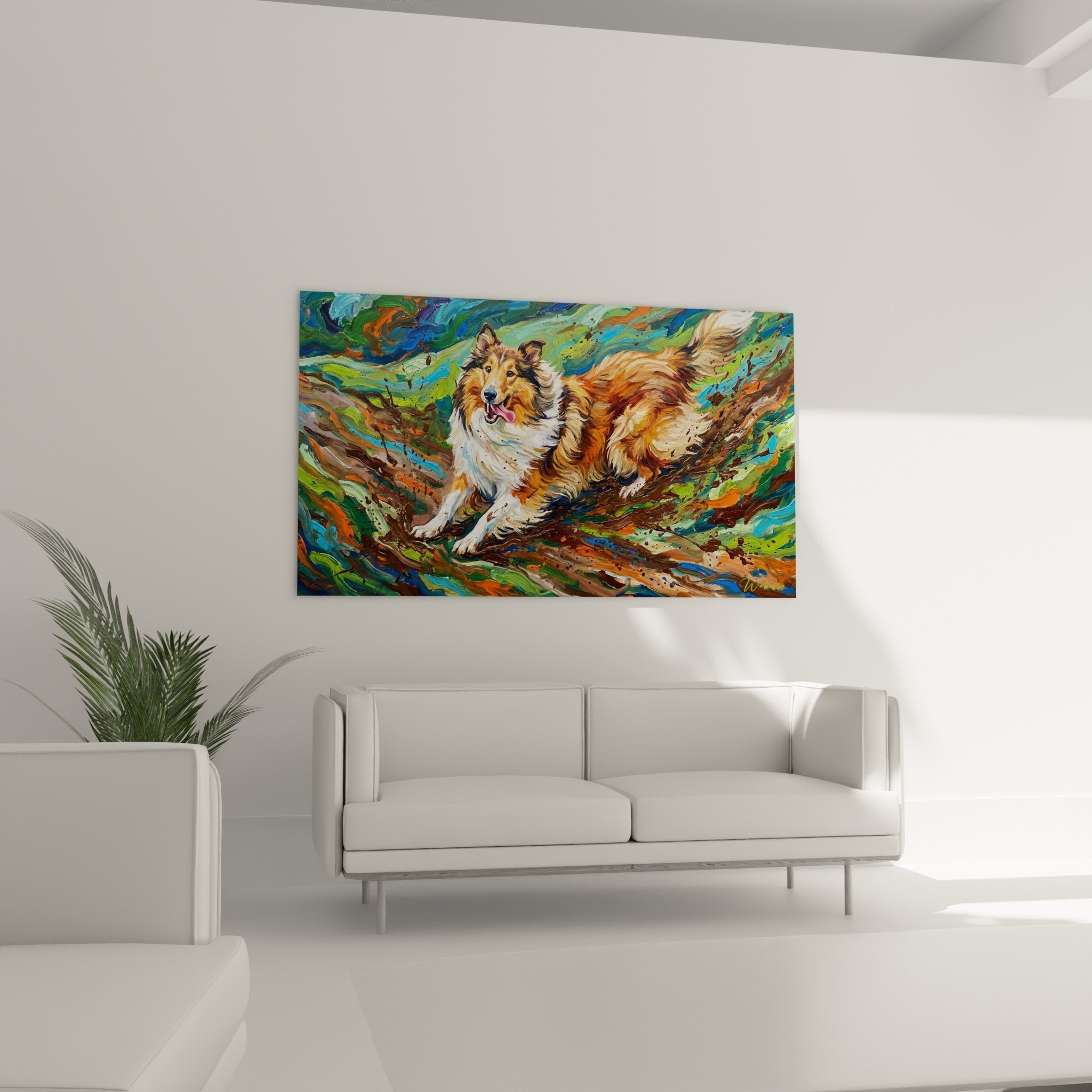 Detail rapproche du tableau collie montrant les textures picturales et les melanges chromatiques expressionnistes