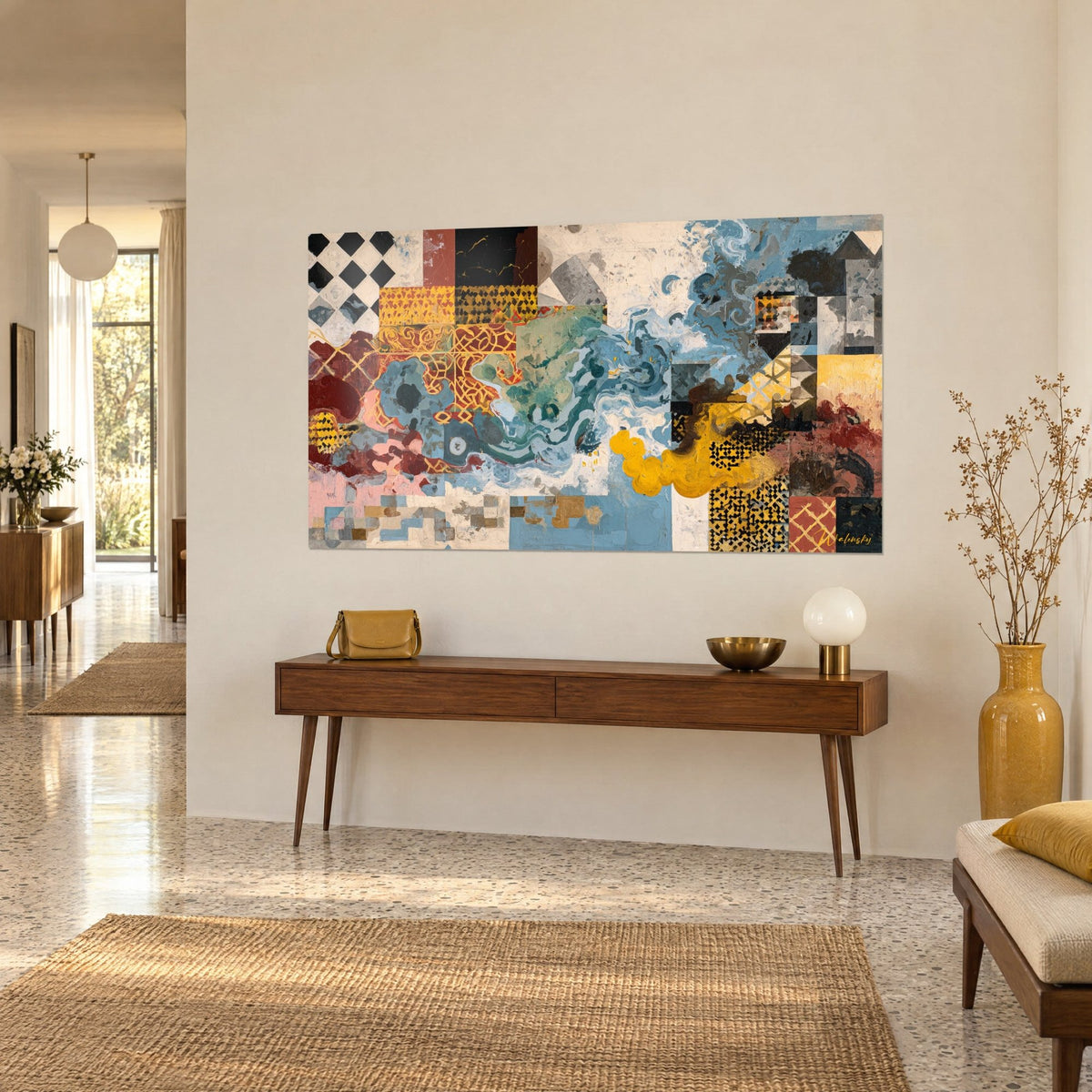 Tableau composition abstraite aux damiers noir et crème, nuage turquoise et touches rouille, sur un mur beige au-dessus d'une console