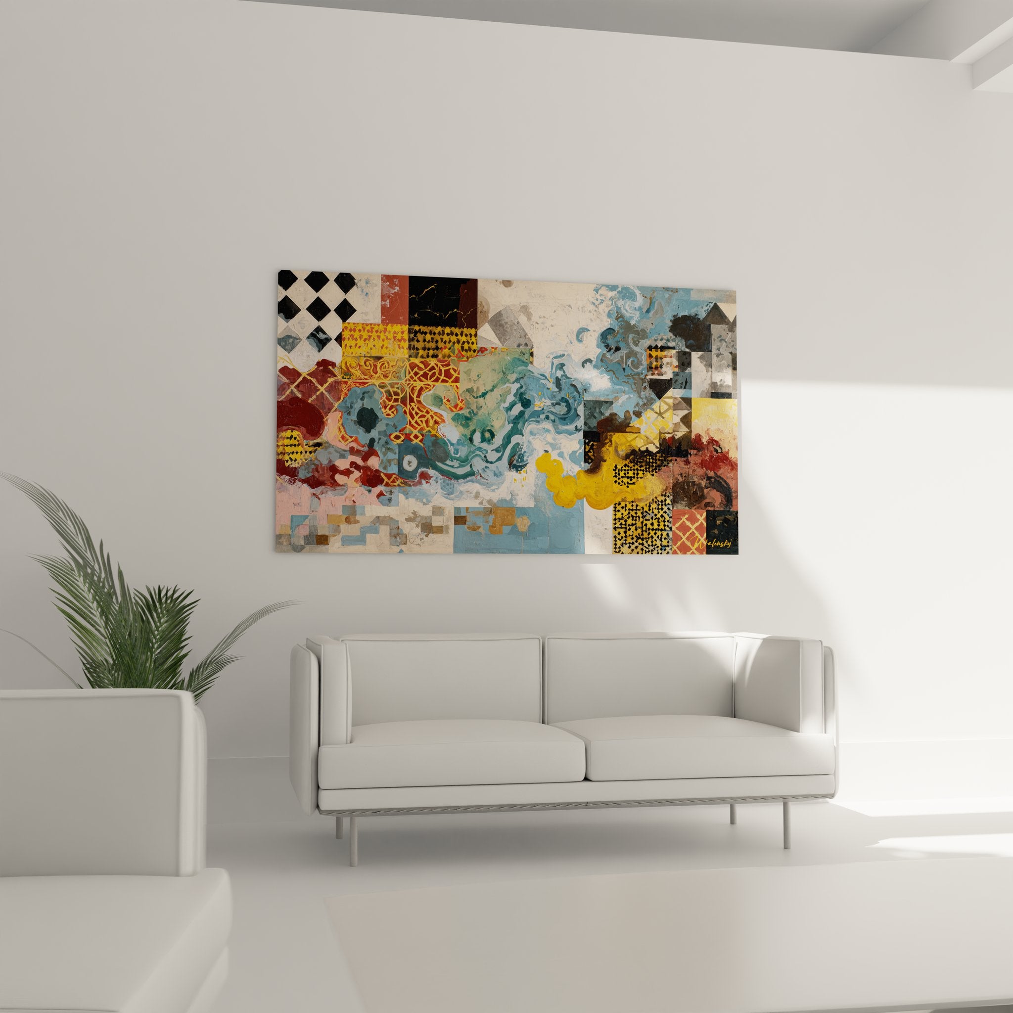 Gros plan détail tableau composition abstraite montrant textures et motifs décoratifs orientaux