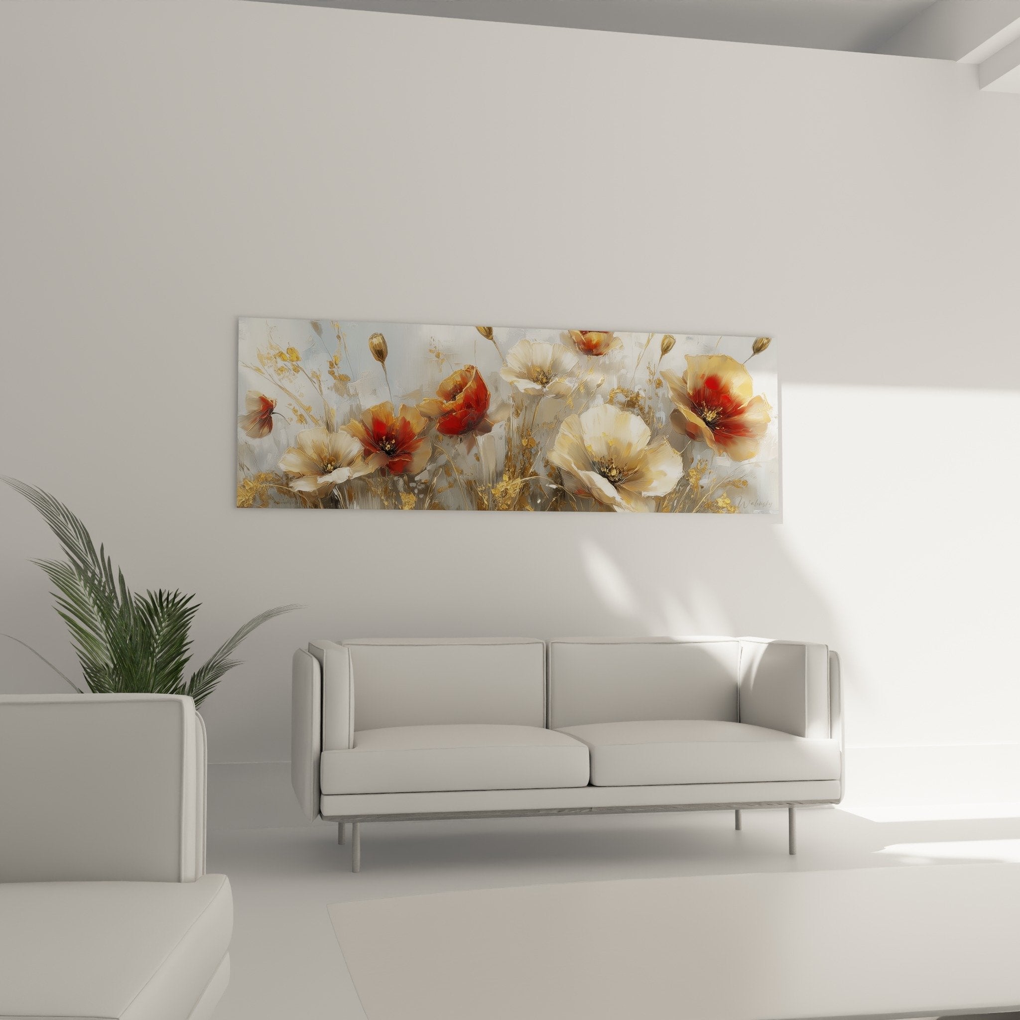 Detail poppy flower painting golden petals red modern art textured artwork