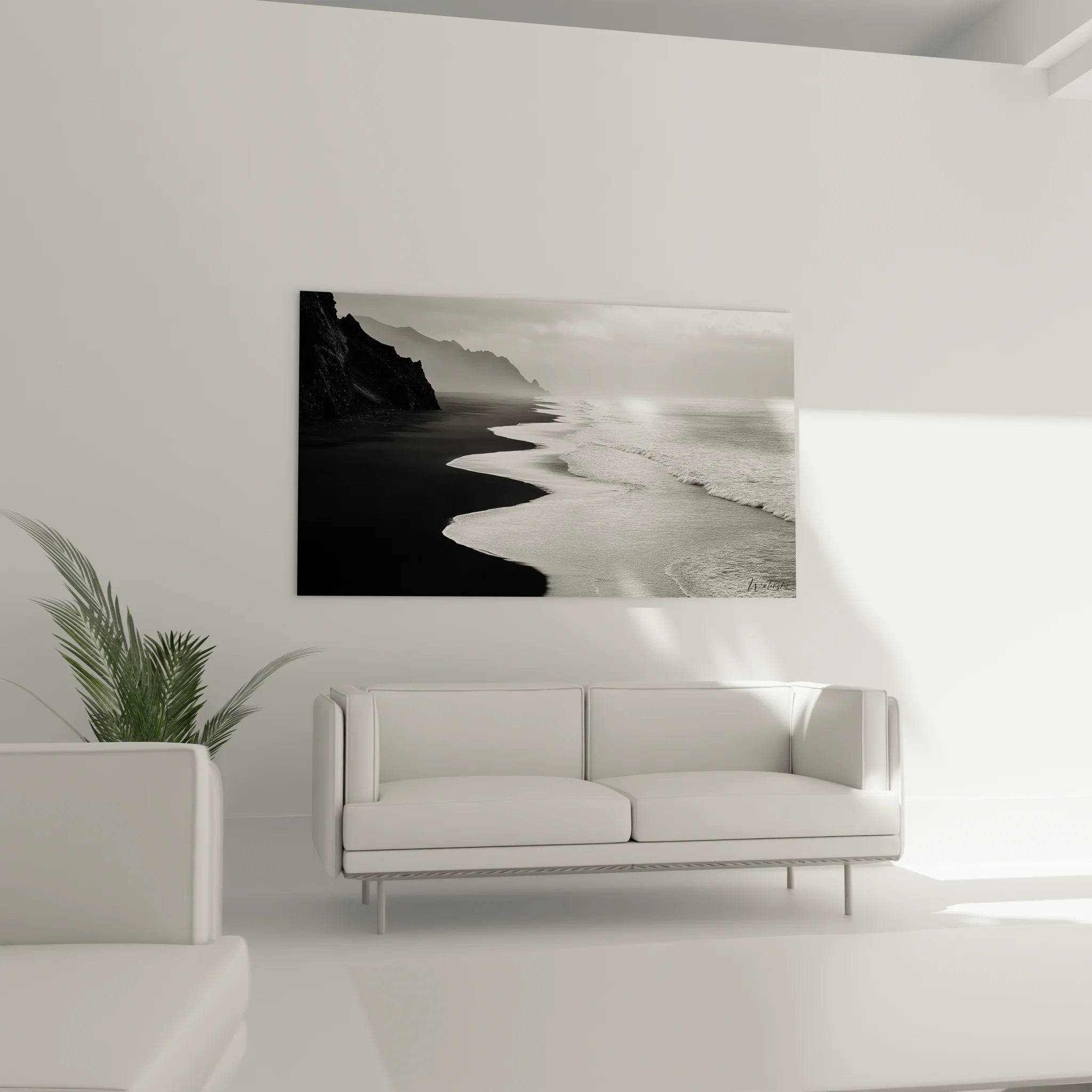 Détail tableau côte atlantique noir blanc montrant textures vagues et sable volcanique