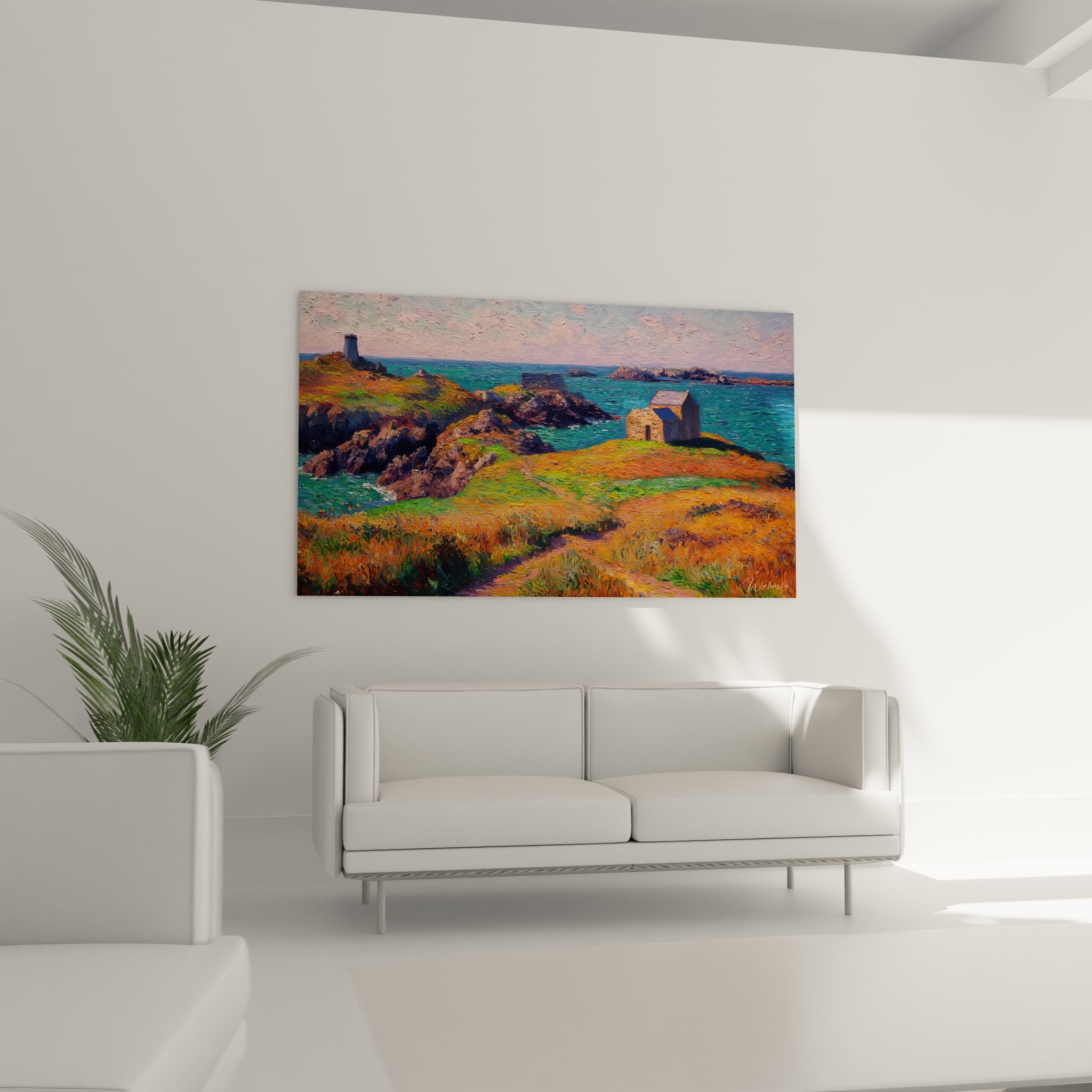 Détail tableau côte bretonne, technique impressionniste maisons pierre et végétation côtière