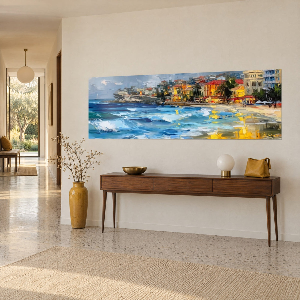 Πίνακας Riviera με παχιά ζωγραφική, πορτοκαλί προσόψεις και κόκκινες στέγες, τυρκουάζ θάλασσα, χρυσές αντανακλάσεις, σε κρεμ τοίχο σε τρίτο προφίλ