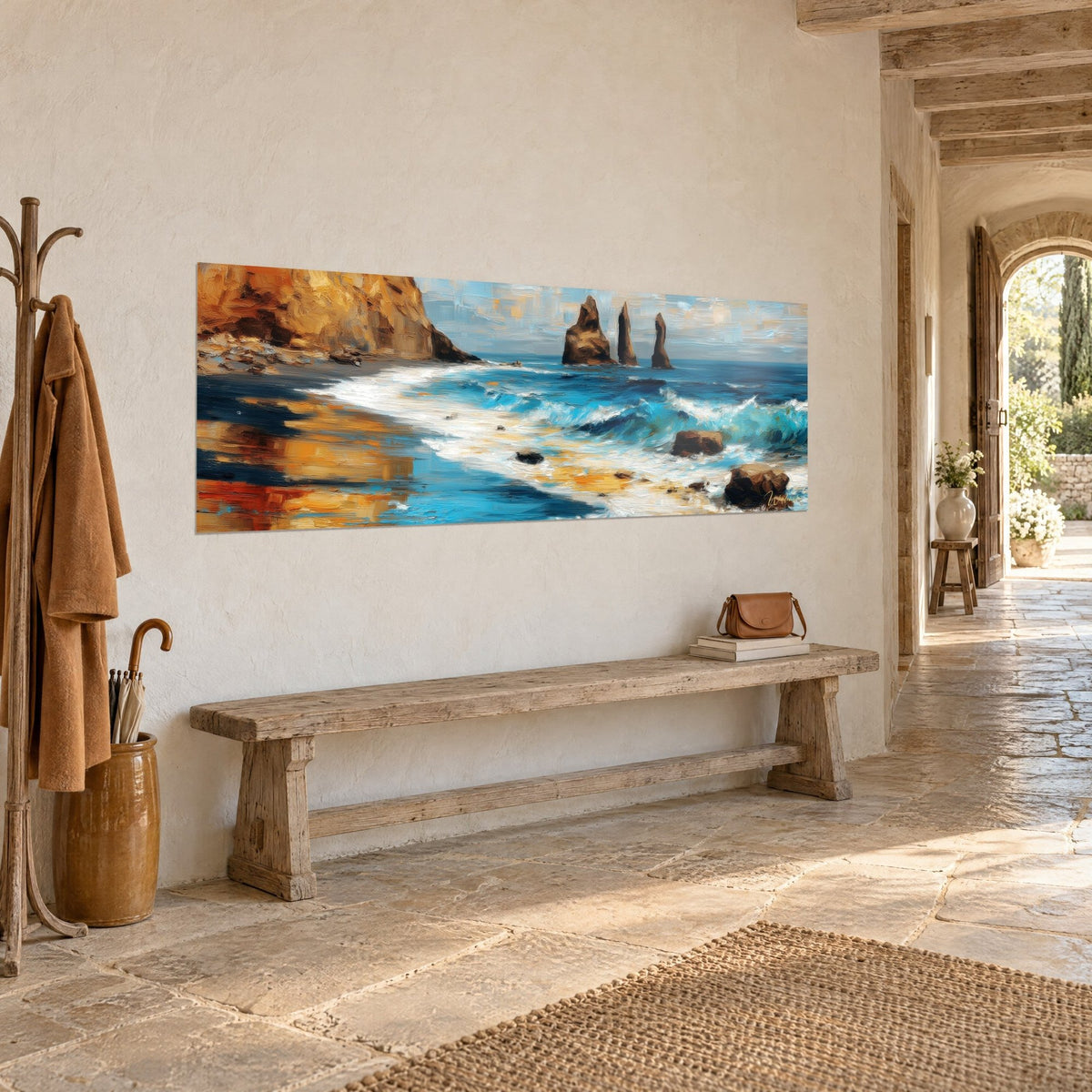 Wall art wild coastline with blue waves and white foam, orange sandstone, rustic wooden bench at the end of a stone corridor