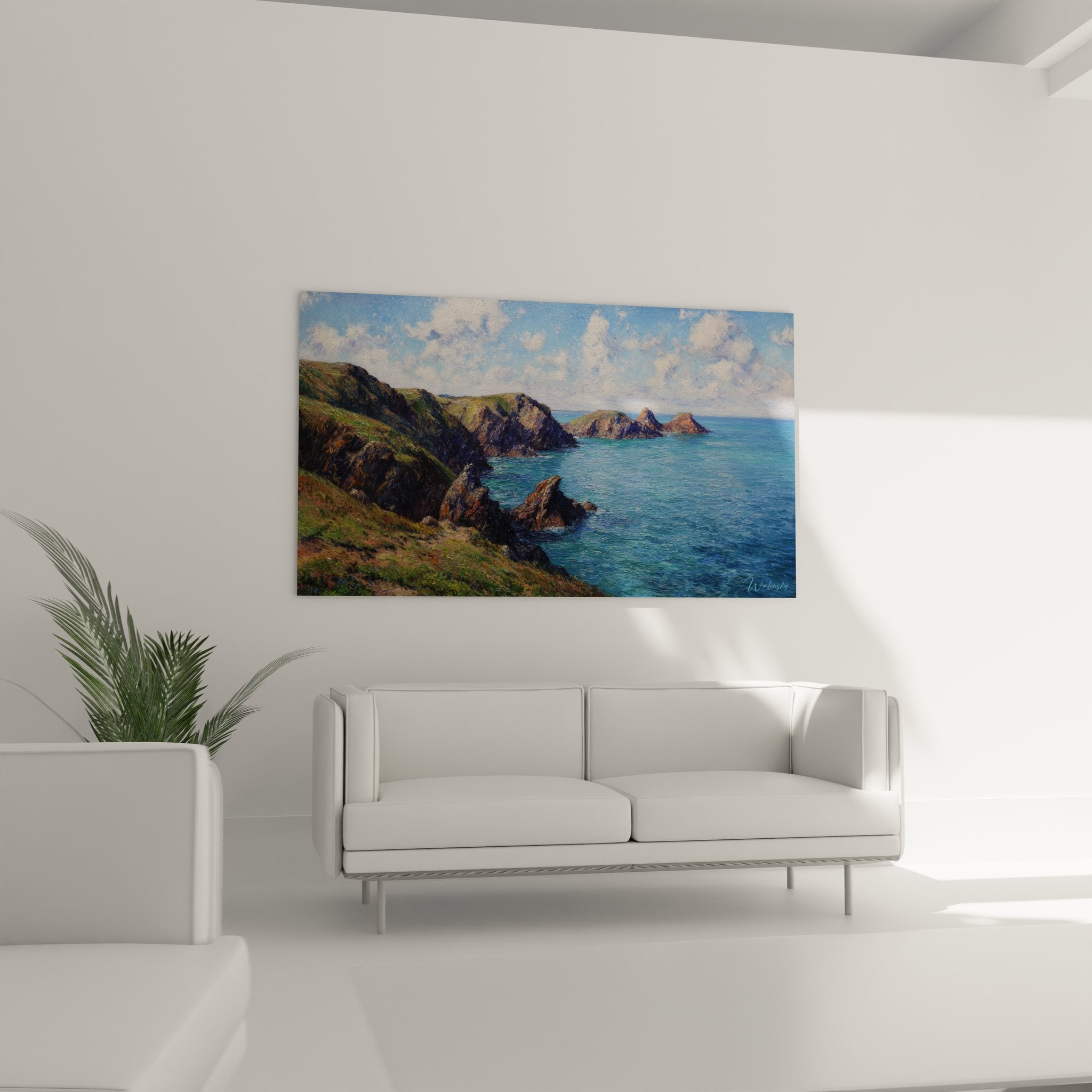 Détail tableau paysage côtier, technique impressionniste rochers et mer turquoise