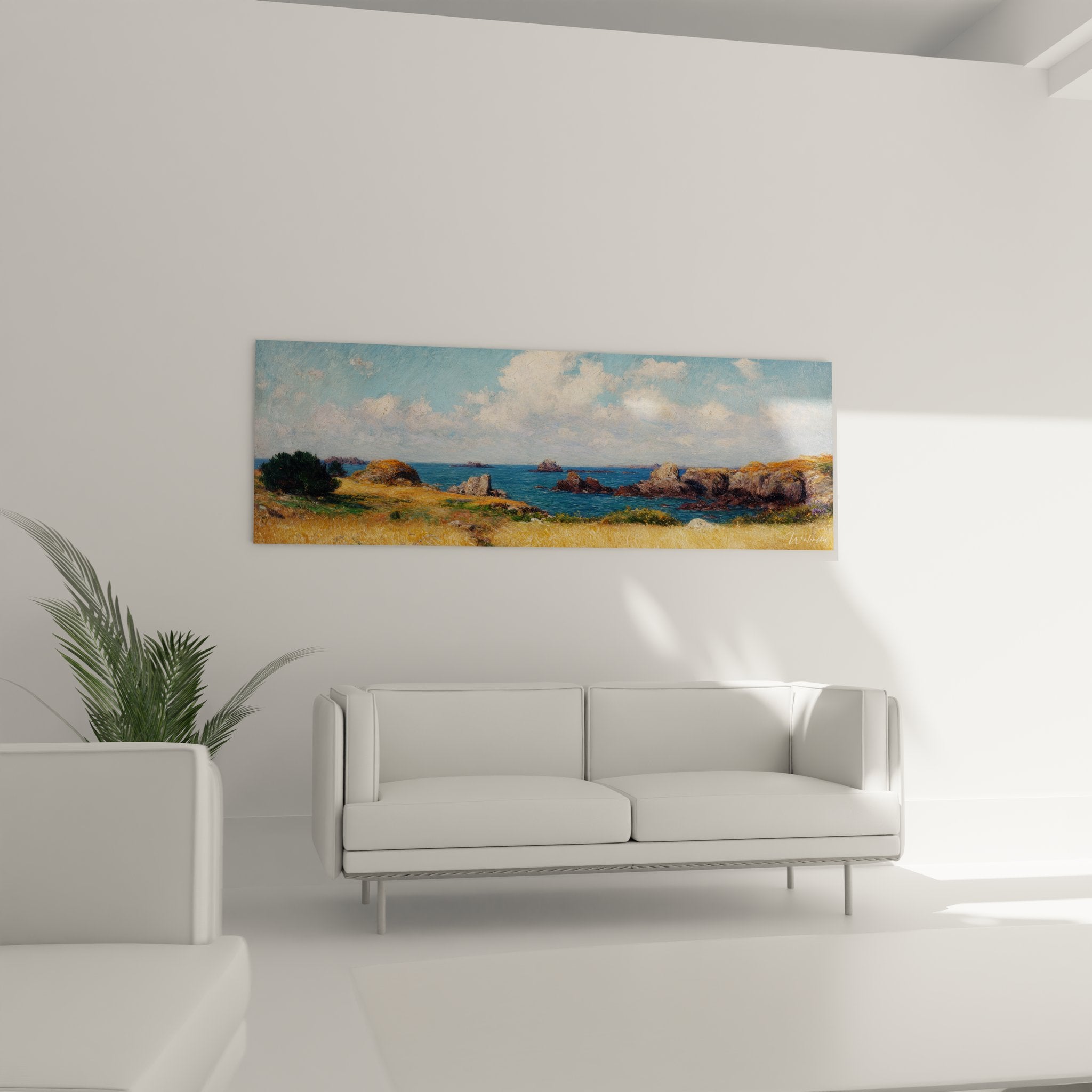 Détail tableau côtier montrant technique picturale et textures des rochers et prairies dorées