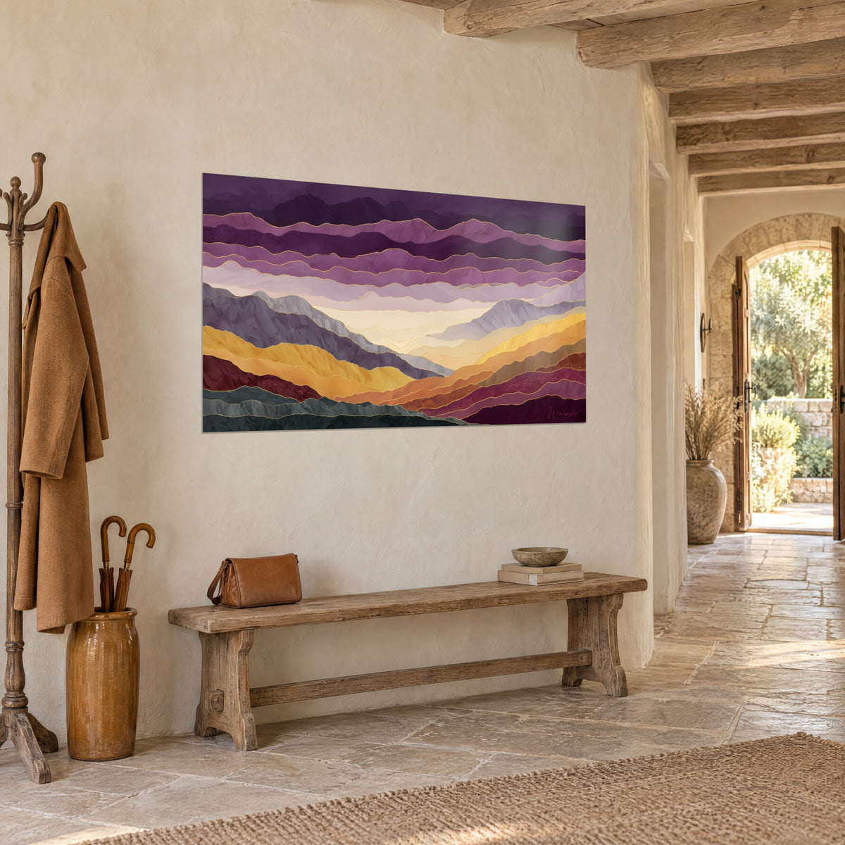Wall art chain of hills in layered aubergine and saffron ochre, cream valley, vaulted stone corridor in the background