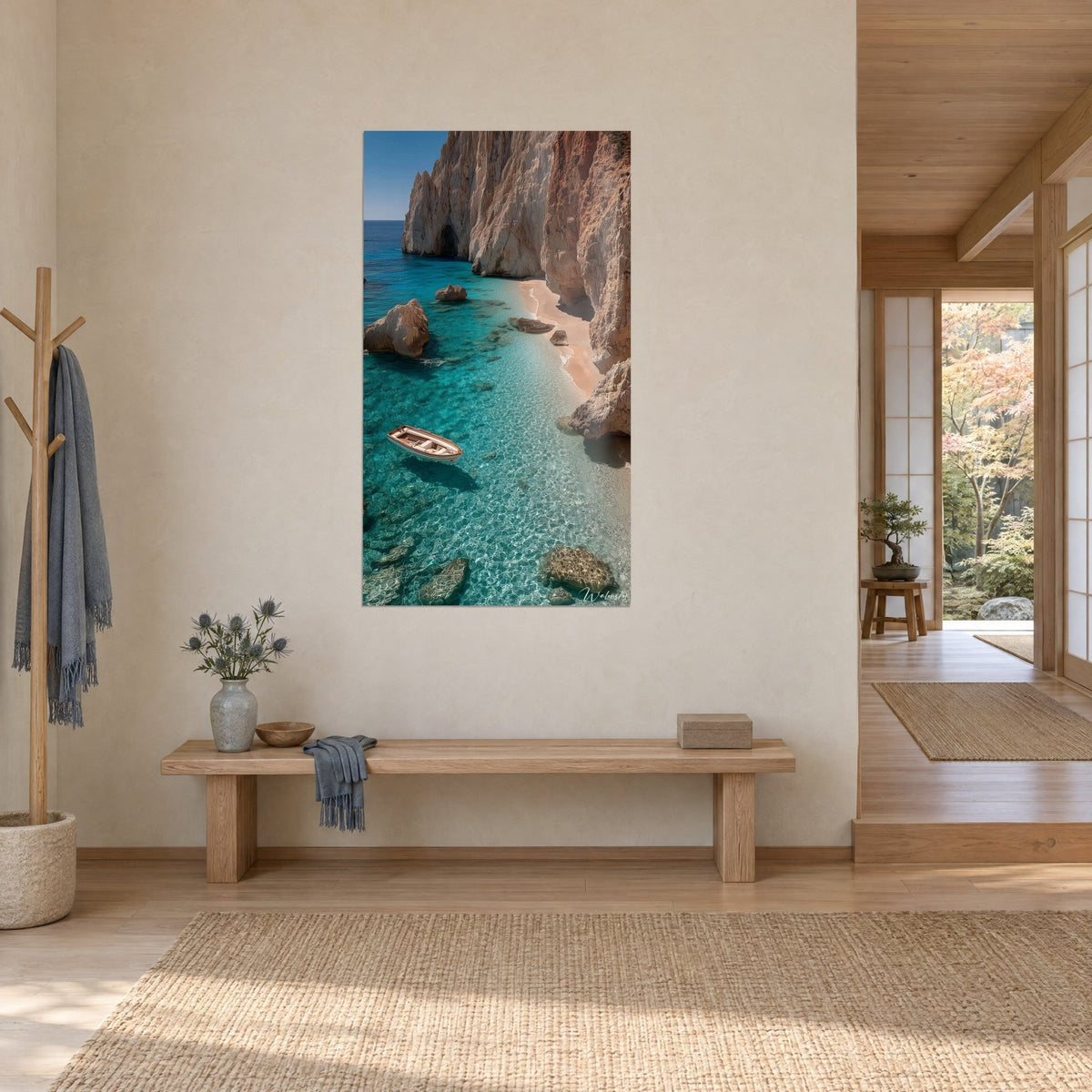 Wall art of pink limestone cliffs plunging into clear emerald water, small white boat, three-quarter view on a cream wall