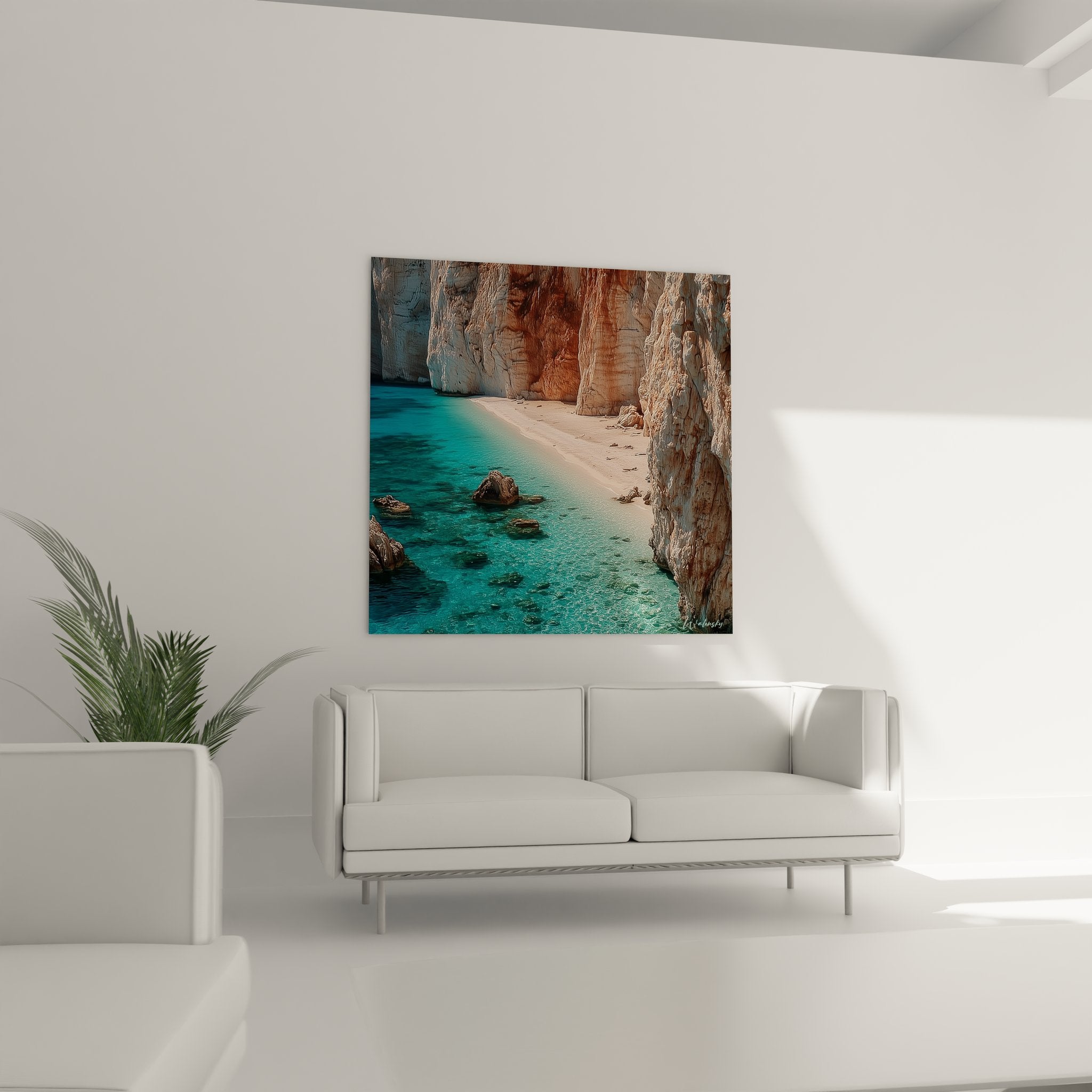 Gros plan tableau crique paradisiaque détails eaux turquoise falaises calcaires art mural plage