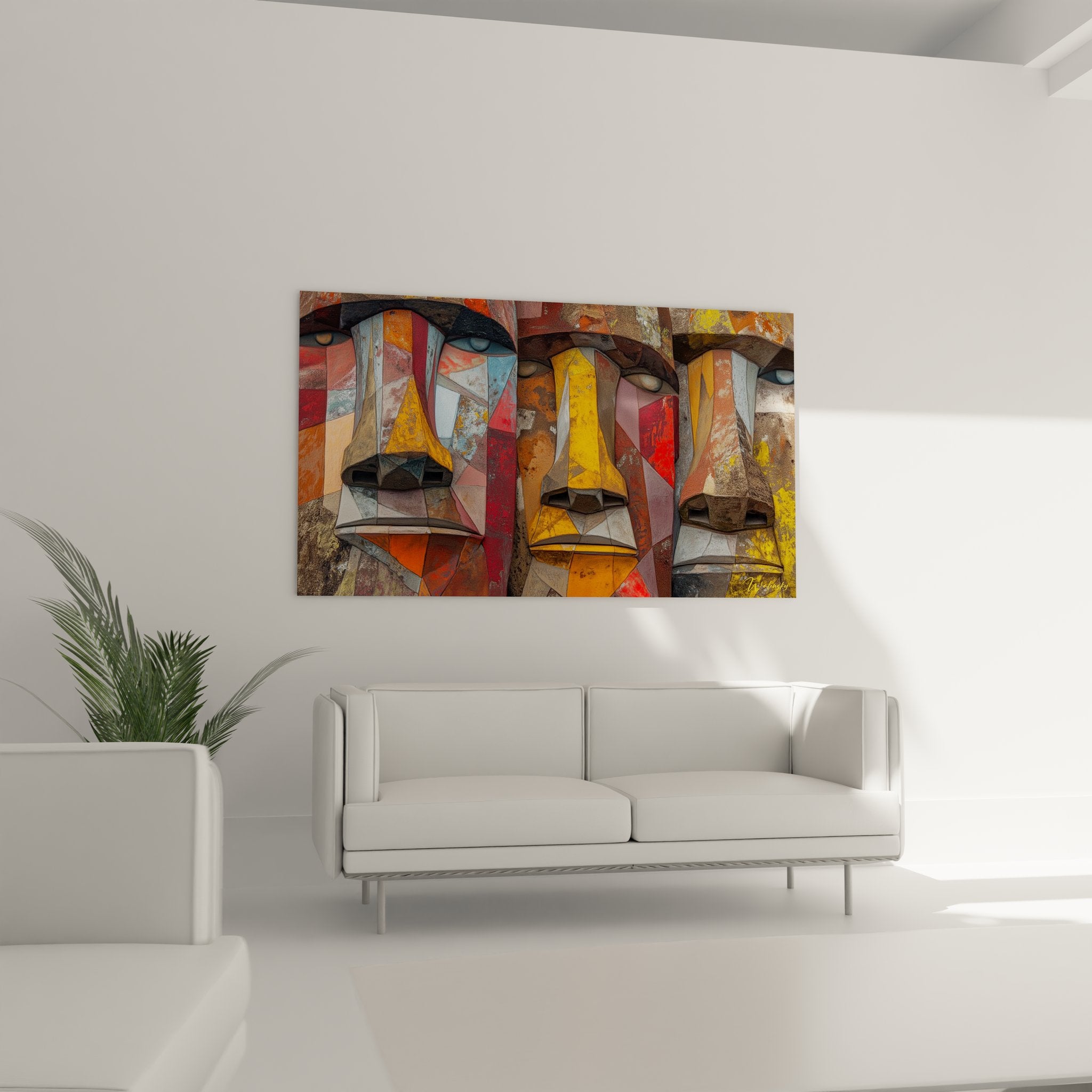 Détail gros plan tableau cubiste visage géométrique abstrait couleurs ocre orange art moderne