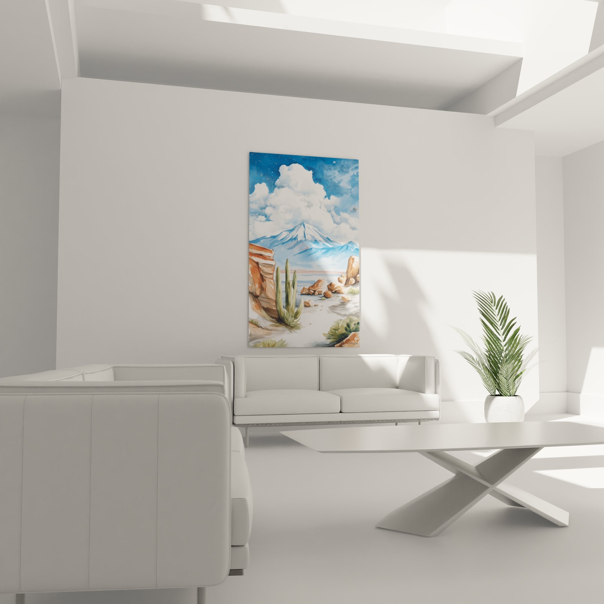 Détail tableau désert montrant cactus saguaro et rochers ocre avec technique picturale réaliste