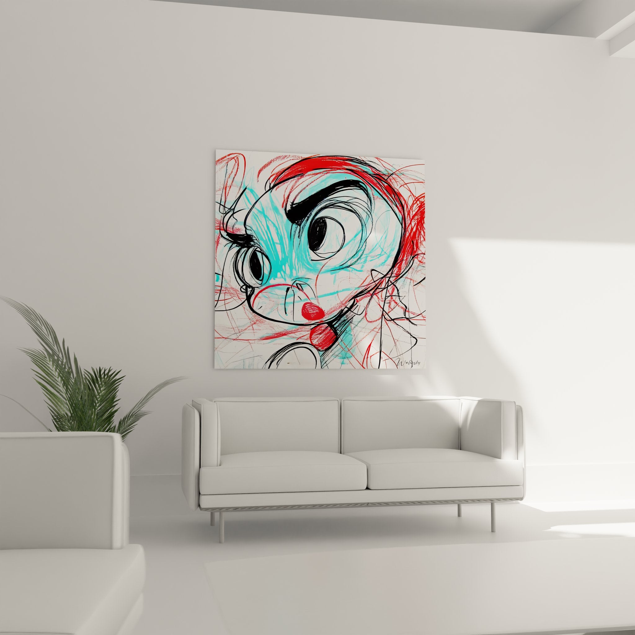 Détail gros plan tableau dessin portrait expressif traits colorés turquoise rouge