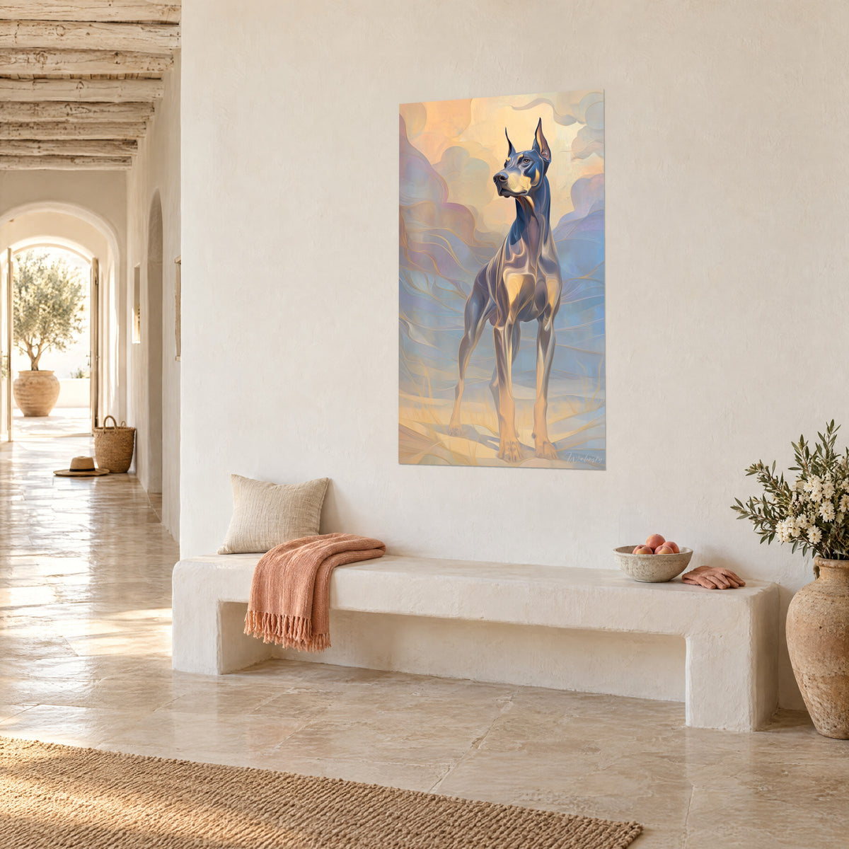 Schilderij slanke rashond, middernachtblauwe en okerkleurige vacht, pastelroze en abrikooskleurige lucht, driekwartaanzicht, witte stenen bank