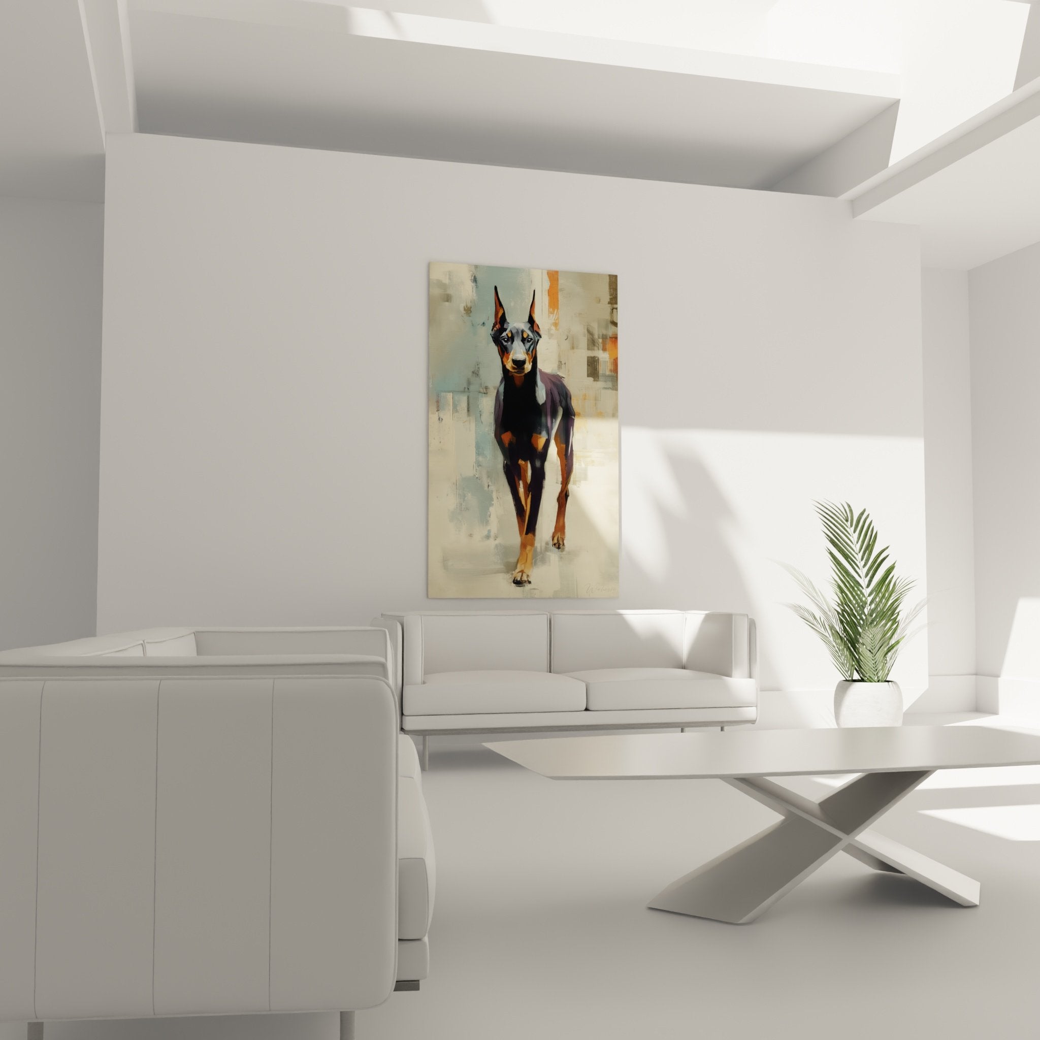 Détail rapproché du tableau Doberman montrant les textures et nuances de couleurs