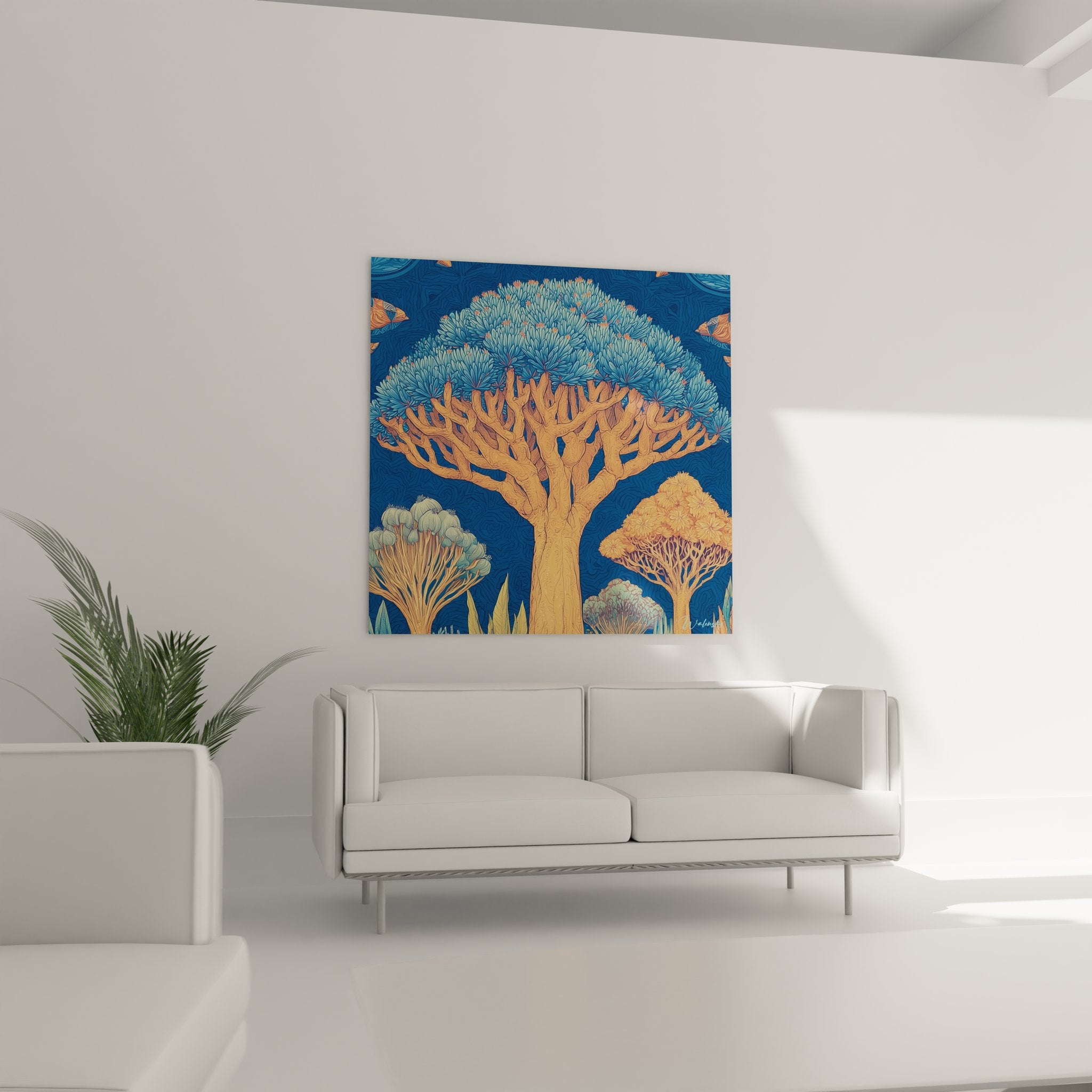 Détail tableau dragon tree branches orange corail feuillage bleu turquoise art botanique tropical