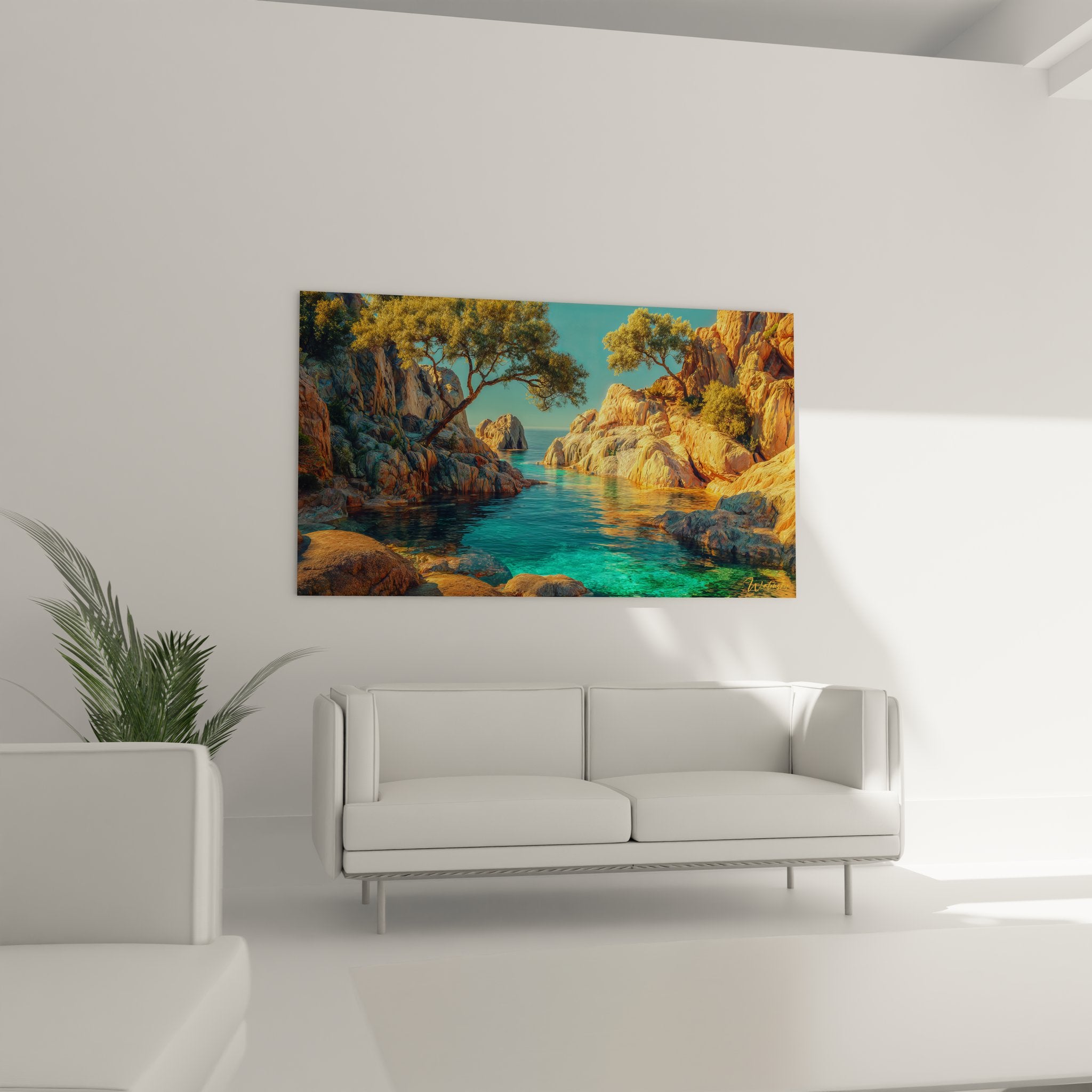 Détail tableau eaux turquoise cristallines rochers dorés végétation méditerranéenne gros plan