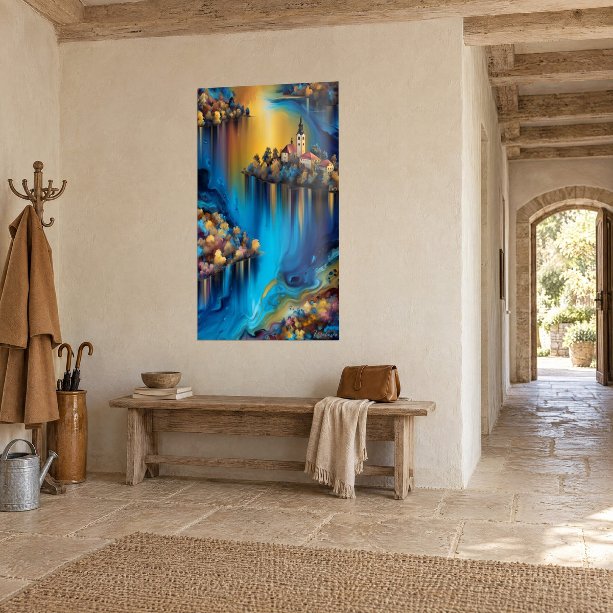 Tableau église insulaire aux toits rouges, eau bleu profond et ciel ambré, entrée voûtée, maison de campagne en pierre