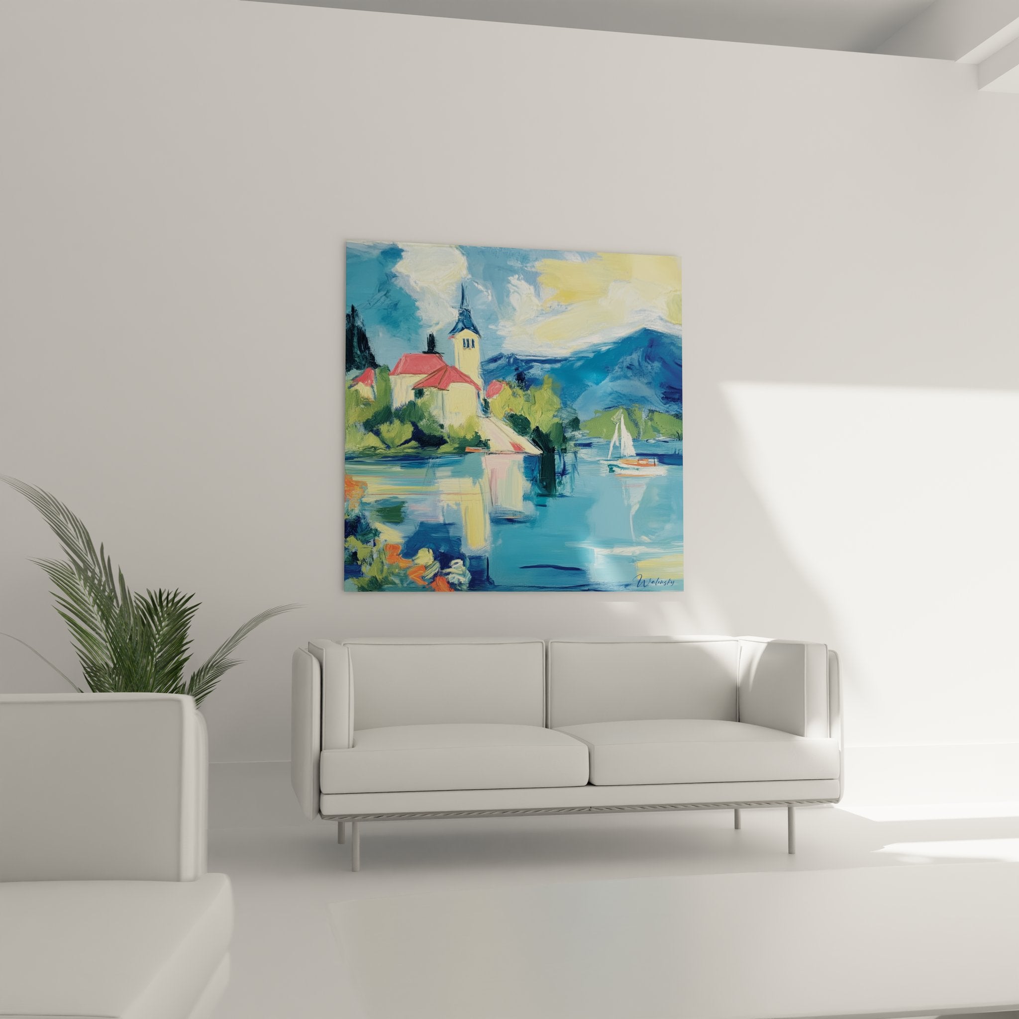 Détail tableau église lacustre peinture impressionniste clocher reflets lac montagnes arrière-plan