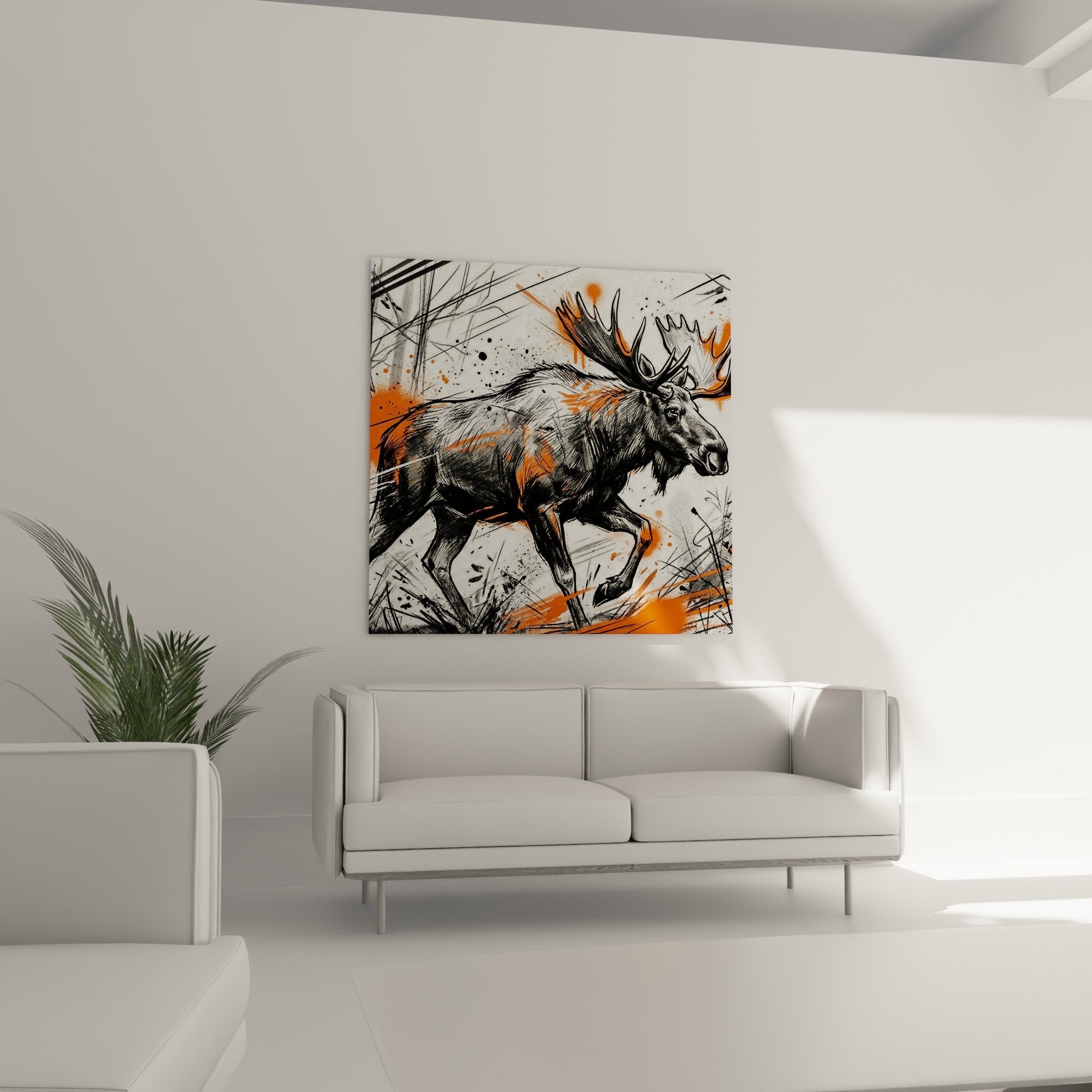 Détail proche tableau élan traits noirs expressifs éclaboussures orange texture artistique Edition Elan