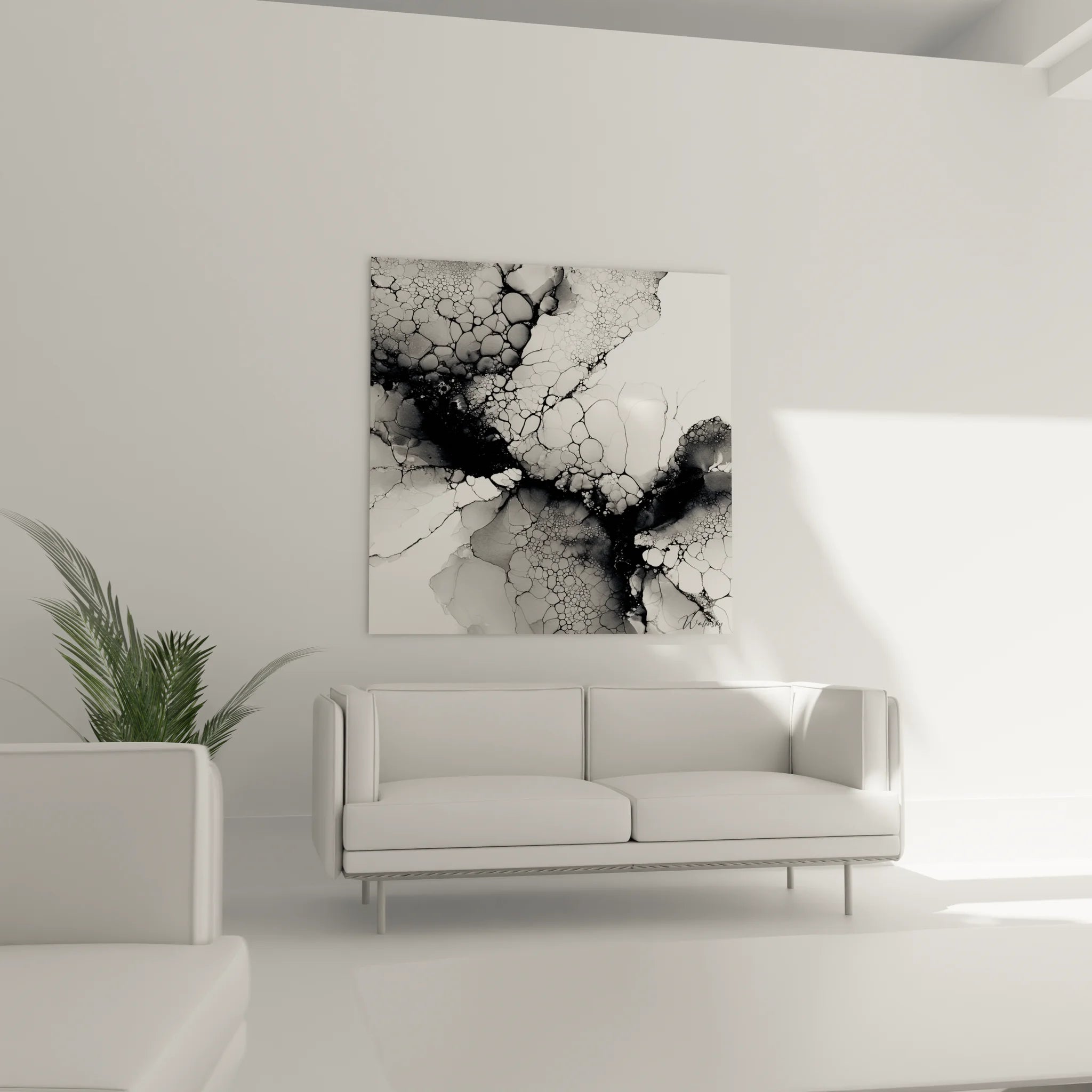 Détail gros plan tableau encre fluide montrant textures cellulaires et nuances de gris art abstrait