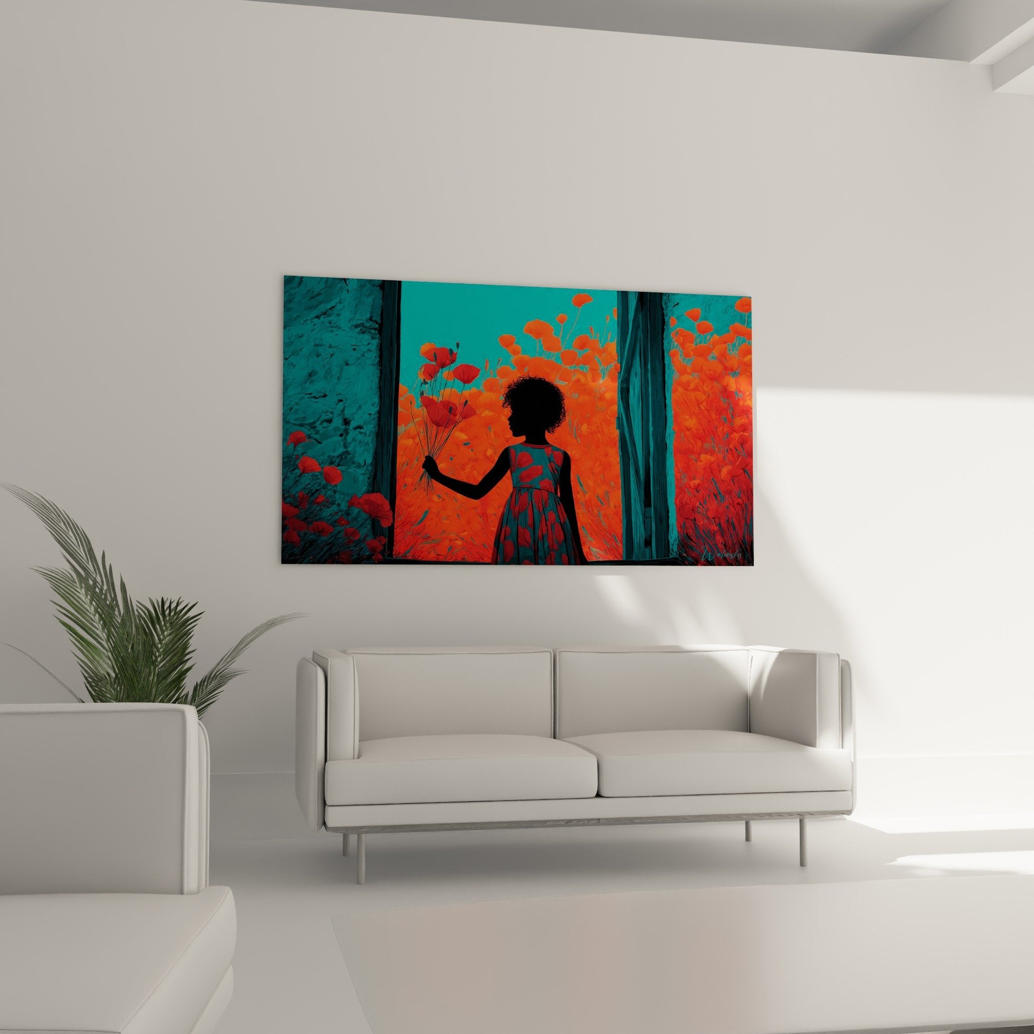 Detail tableau silhouette enfant fleurs orange turquoise reflets artistiques