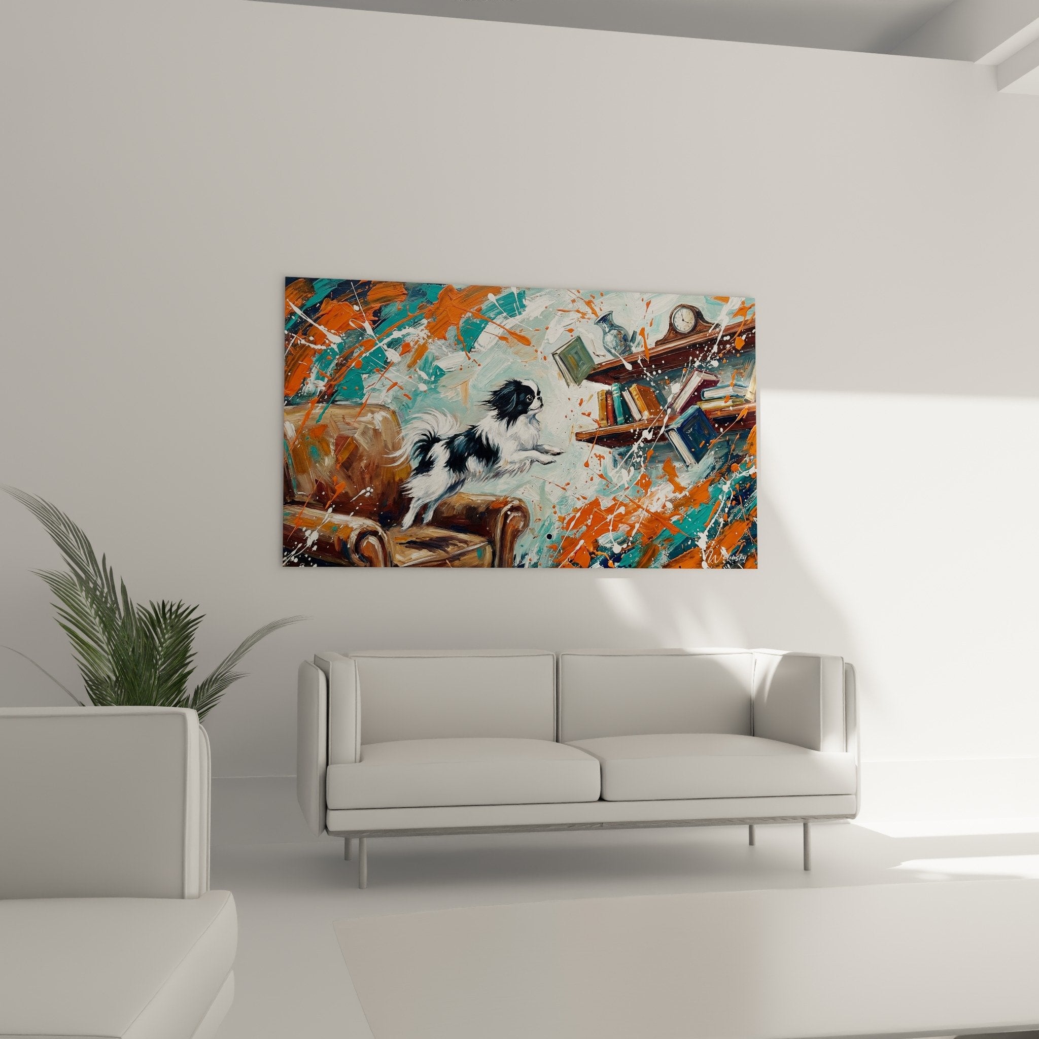 Détail rapproché tableau Epagneul Japonais noir et blanc dans éclaboussures orange turquoise