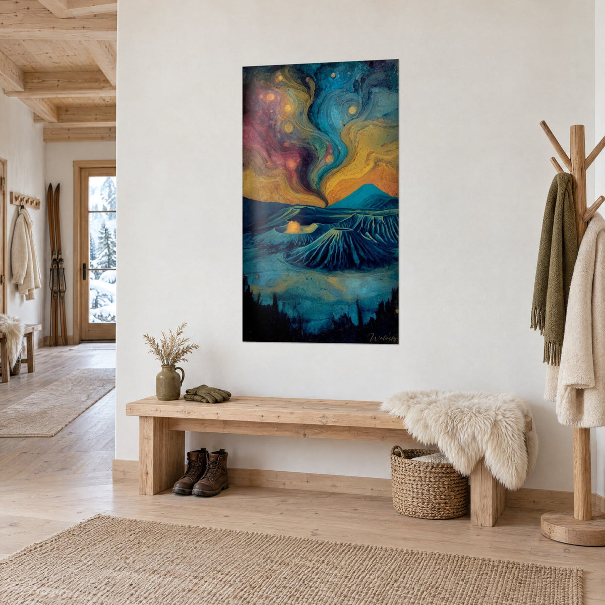 Quadro vulcano mistico con pennacchi rosa bordeaux e dorati su cratere blu notte, accanto a una panca di legno in uno chalet