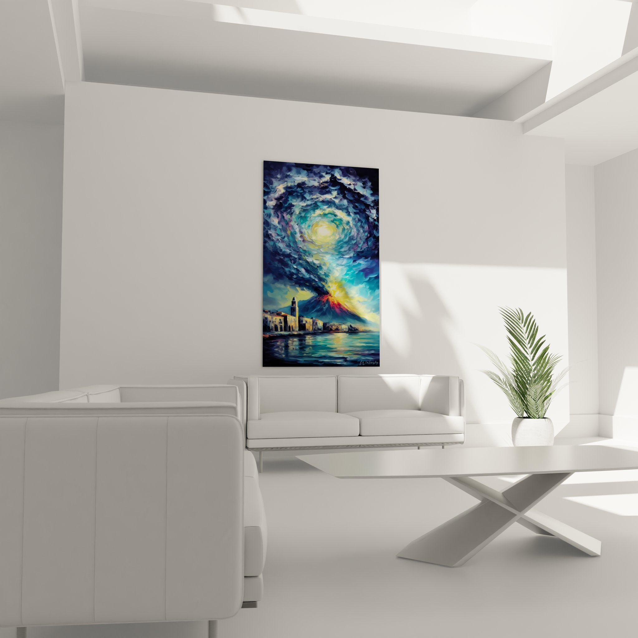 Détail tableau éruption volcanique avec lave incandescente et vortex turquoise