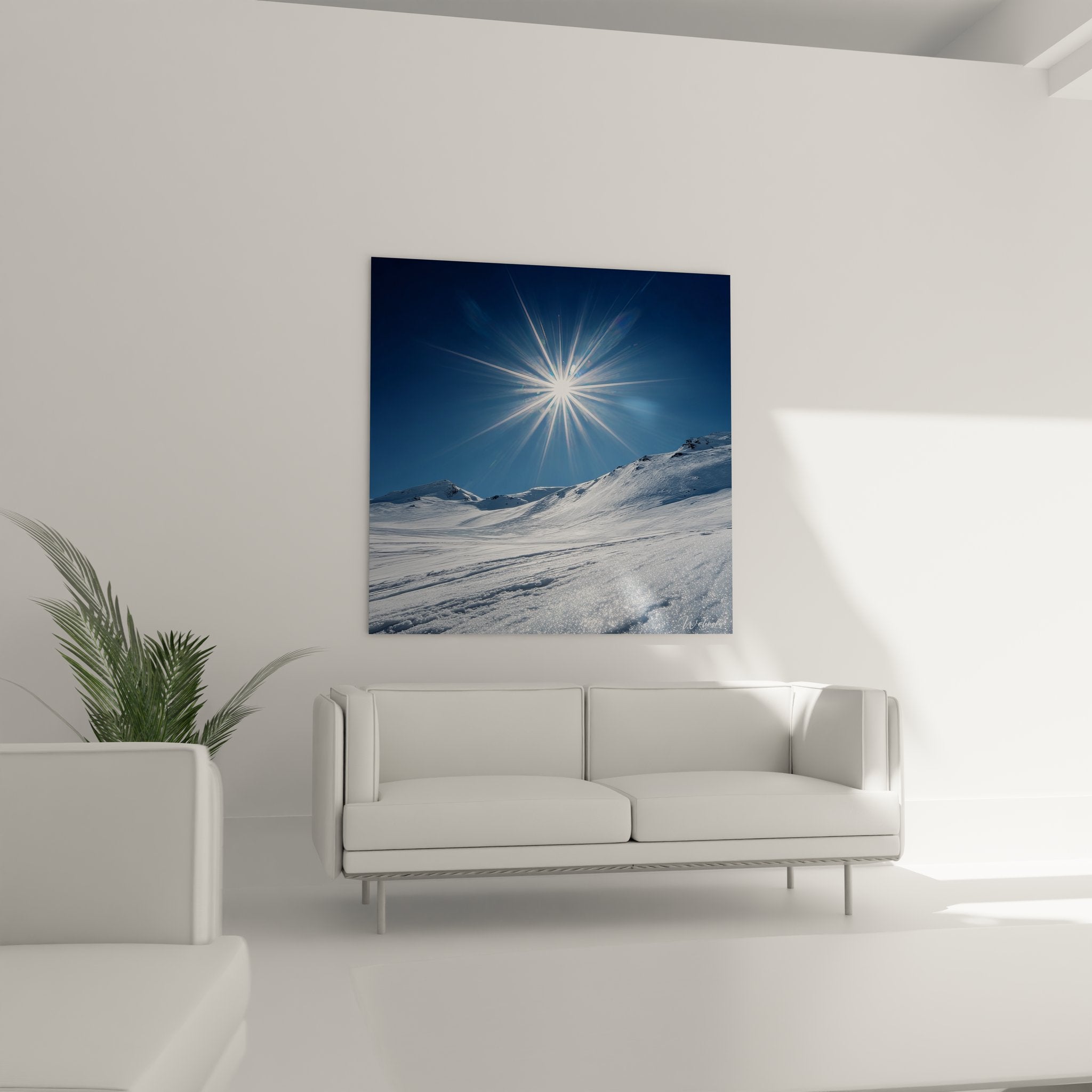 Gros plan détail tableau étoile solaire lumineuse rayons sur neige montagne art hiver contemporain