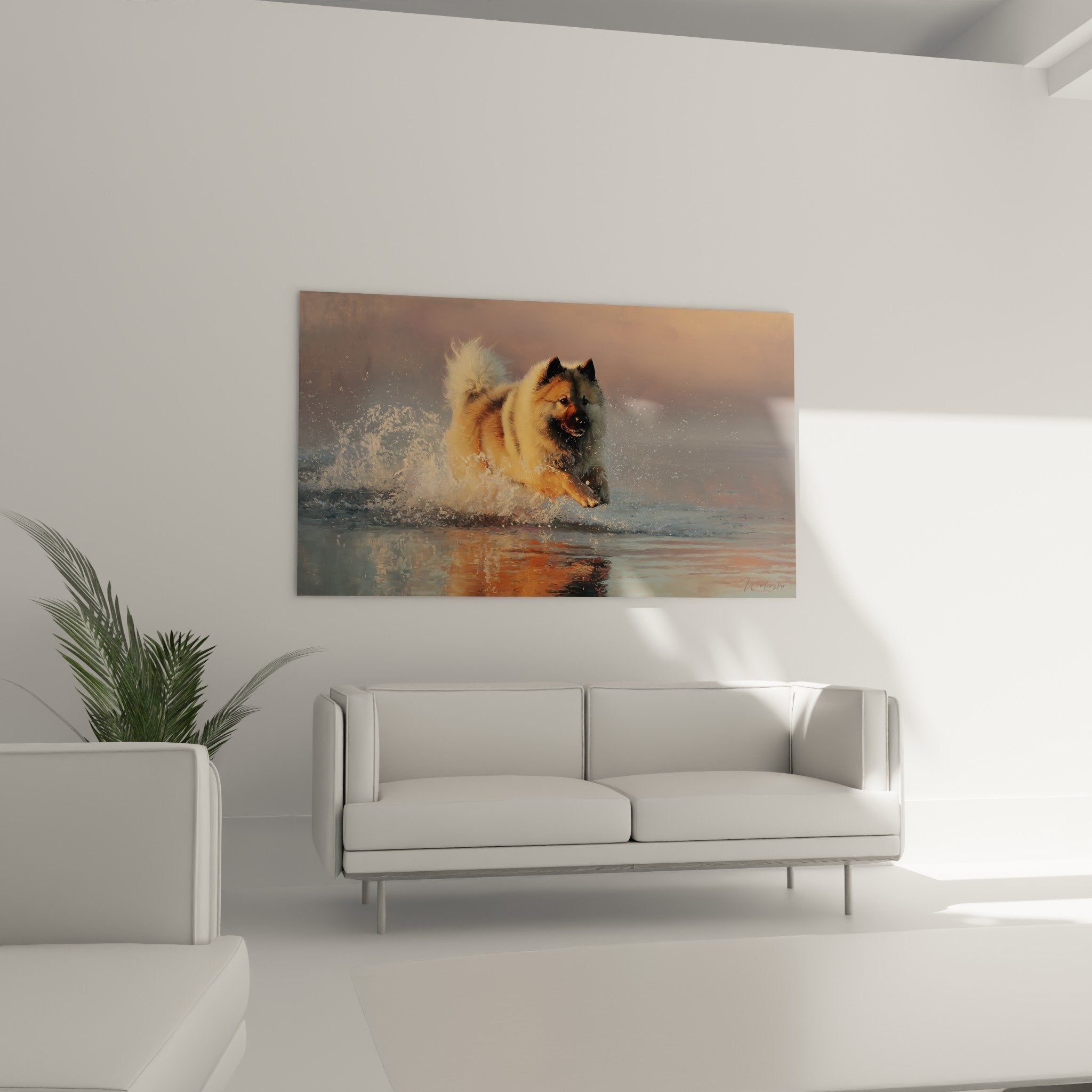 Détail tableau Eurasier en mouvement avec reflets cuivrés sur l'eau