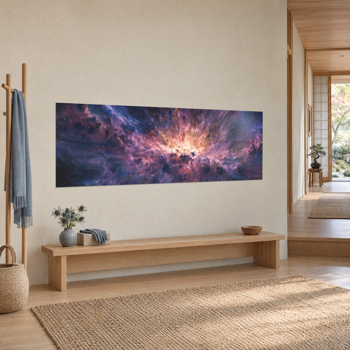 Wall art cosmic nebula with purple and midnight-blue swirls, golden central glow, on a beige wall beside a wooden bench