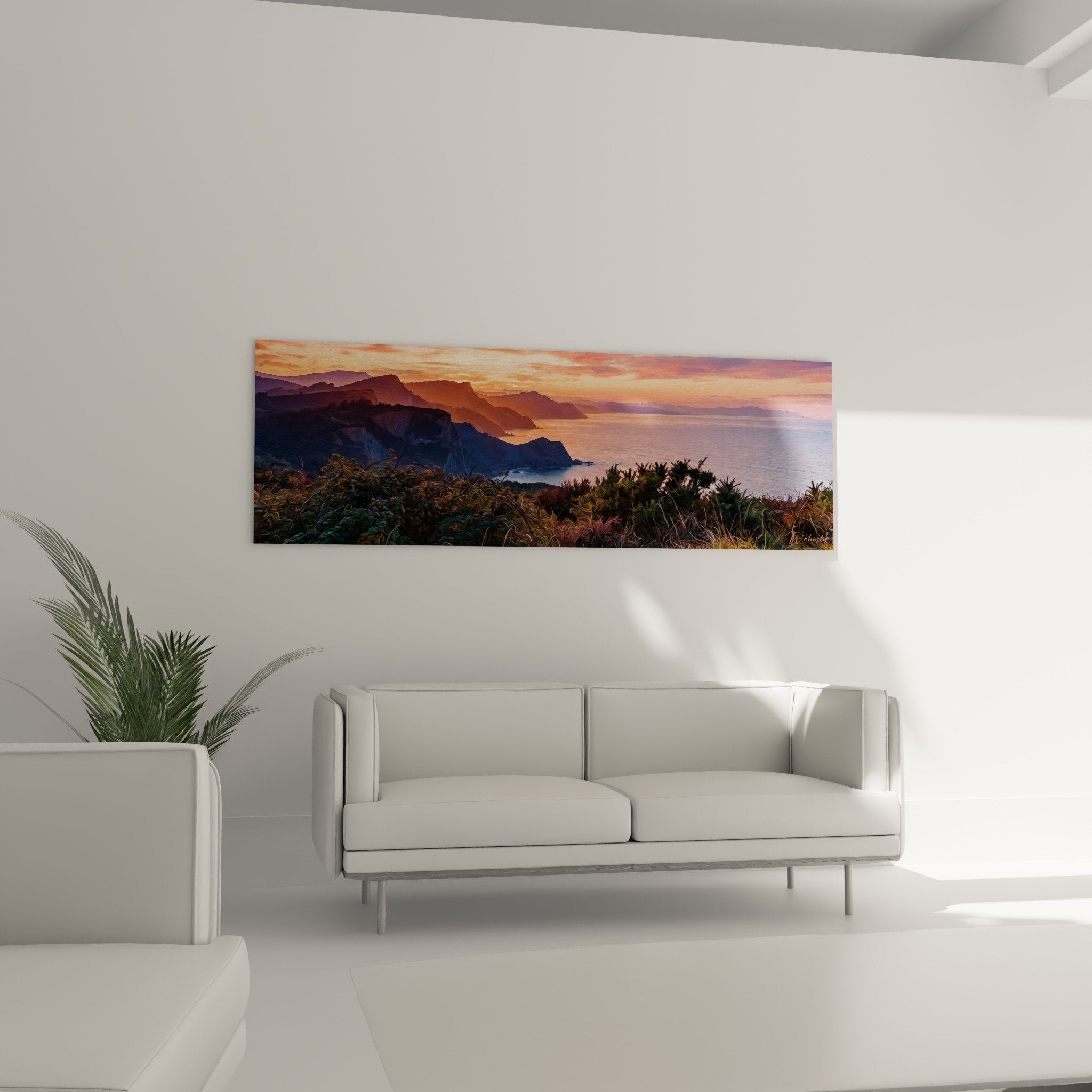 Détail tableau coucher soleil falaises végétation premier plan tons cuivrés orangés Pays Basque