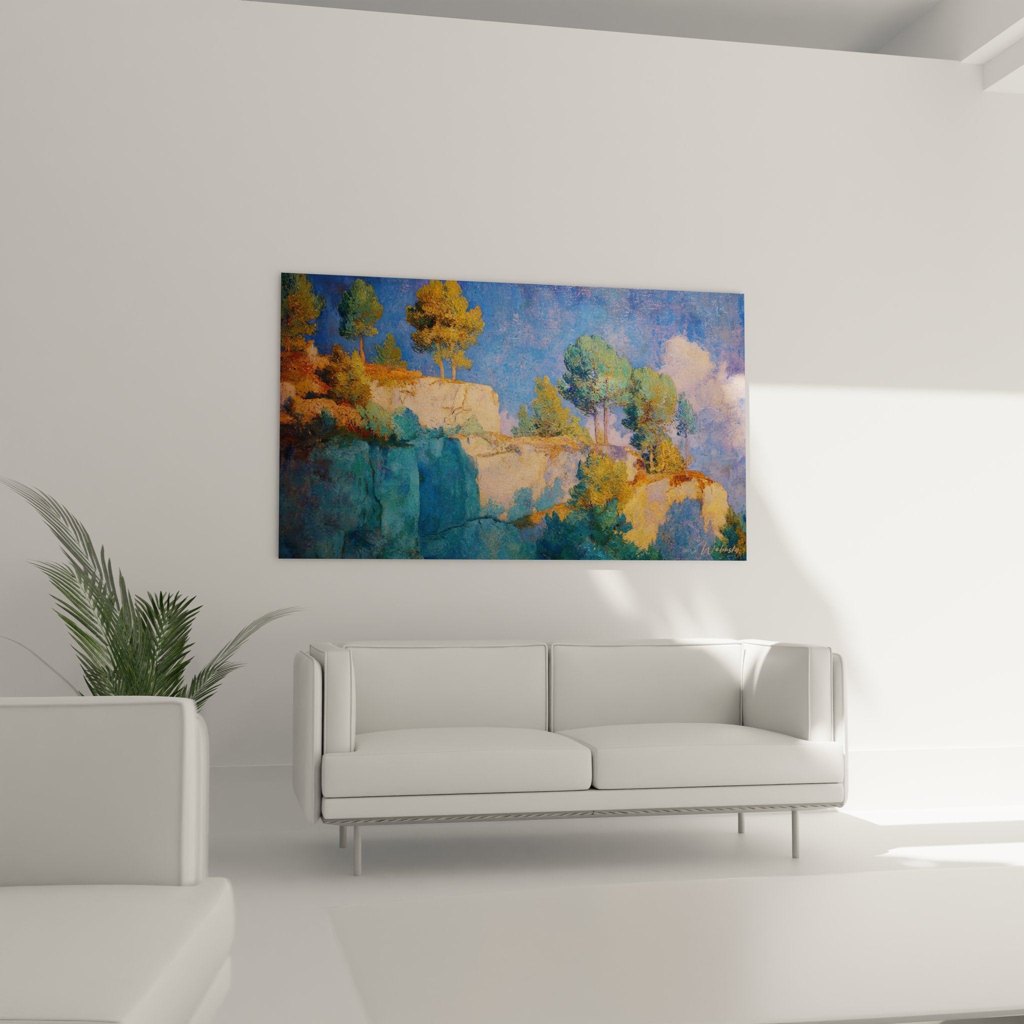 Détail gros plan tableau falaises ocre dorées technique impressionniste paysage méditerranéen