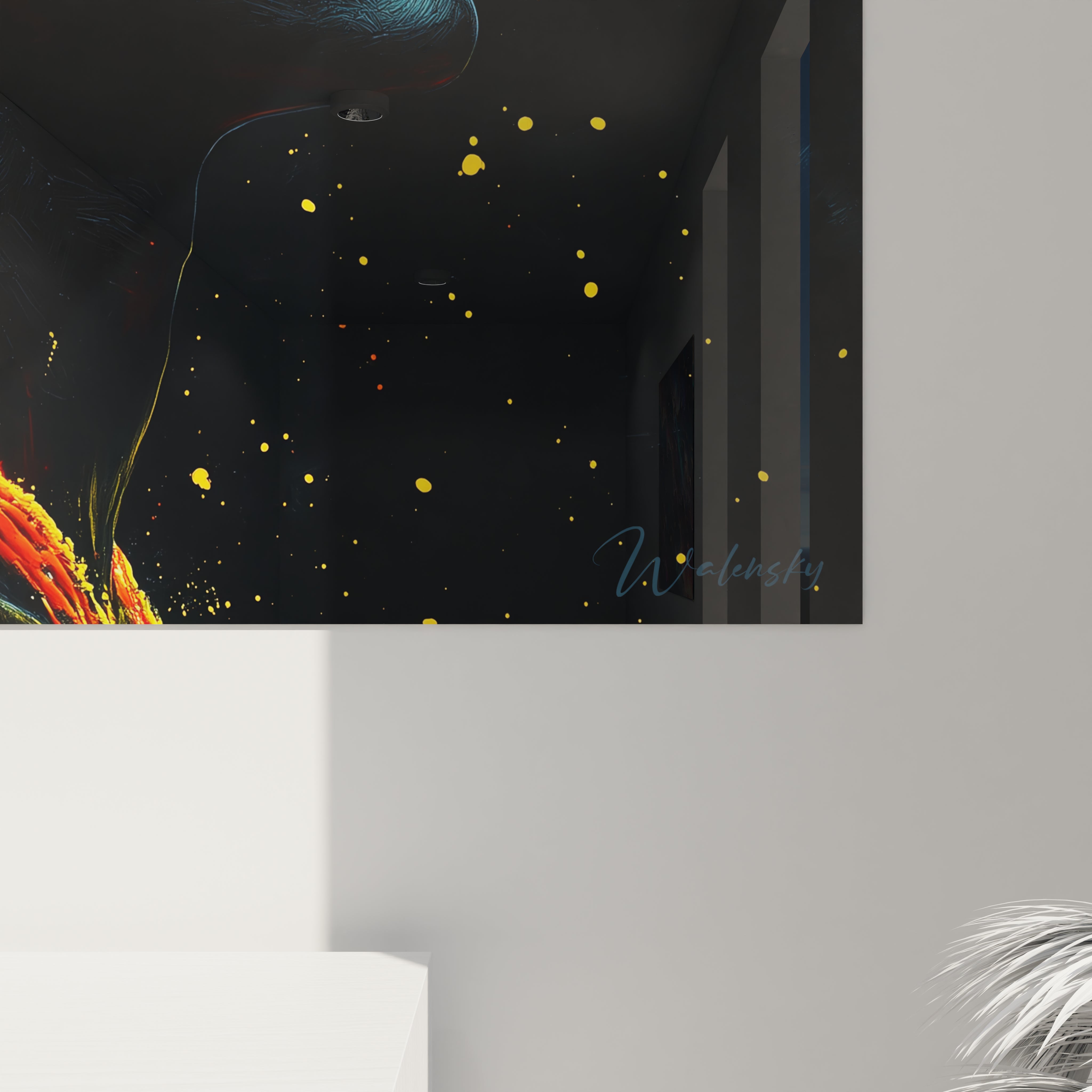 Tableau africain mural Walensky avec motifs abstraits noirs et éclats jaunes pour décoration intérieure